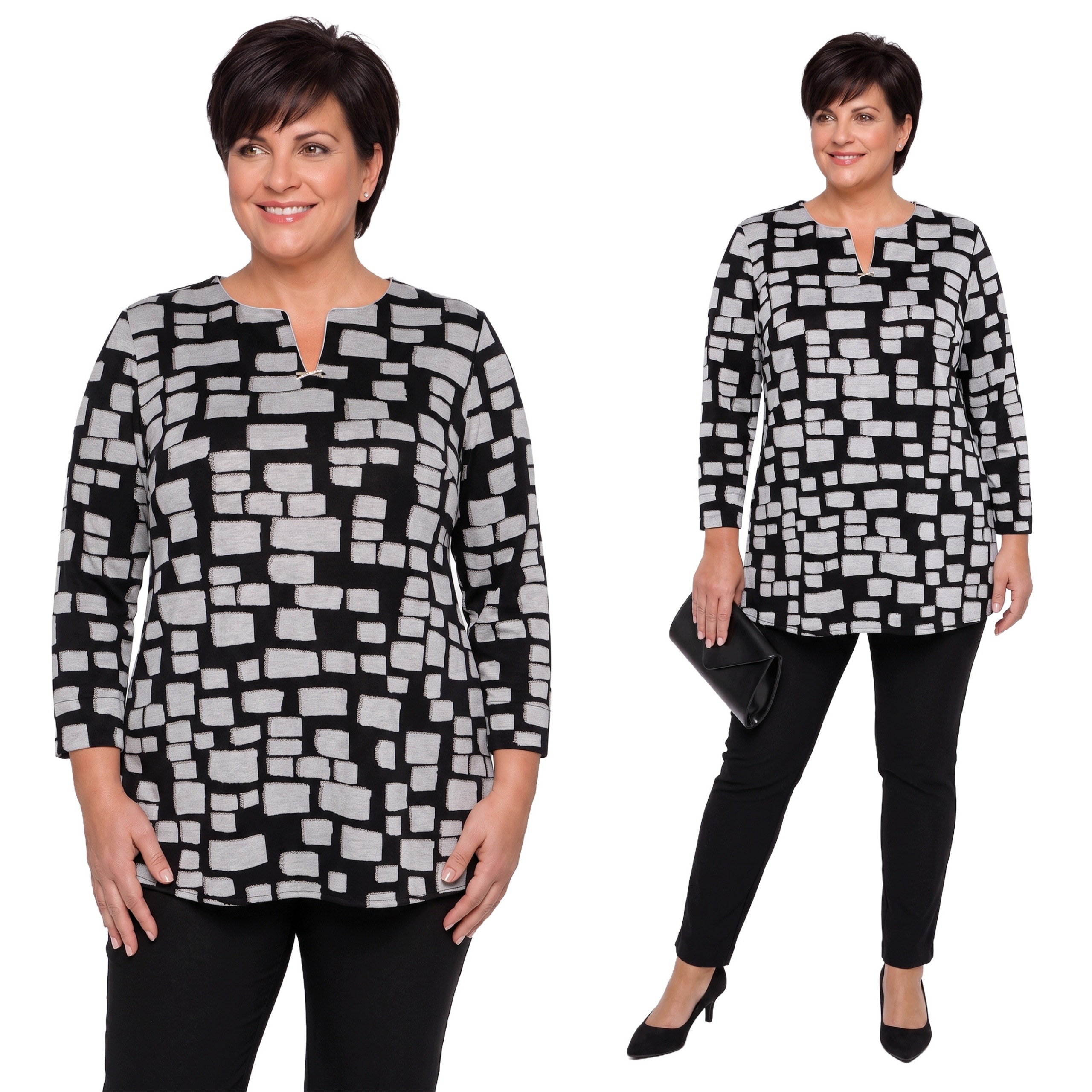 Černá teplá halenka, šedé geometrické vzory plus size velikost 56