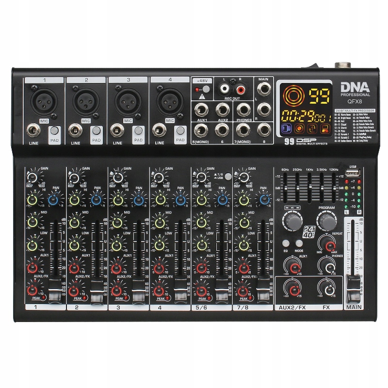 Dna QFX8 Mikser Audio Analogowy Usb 8 Kanałów Bluetooth MP3 Phantom +48V