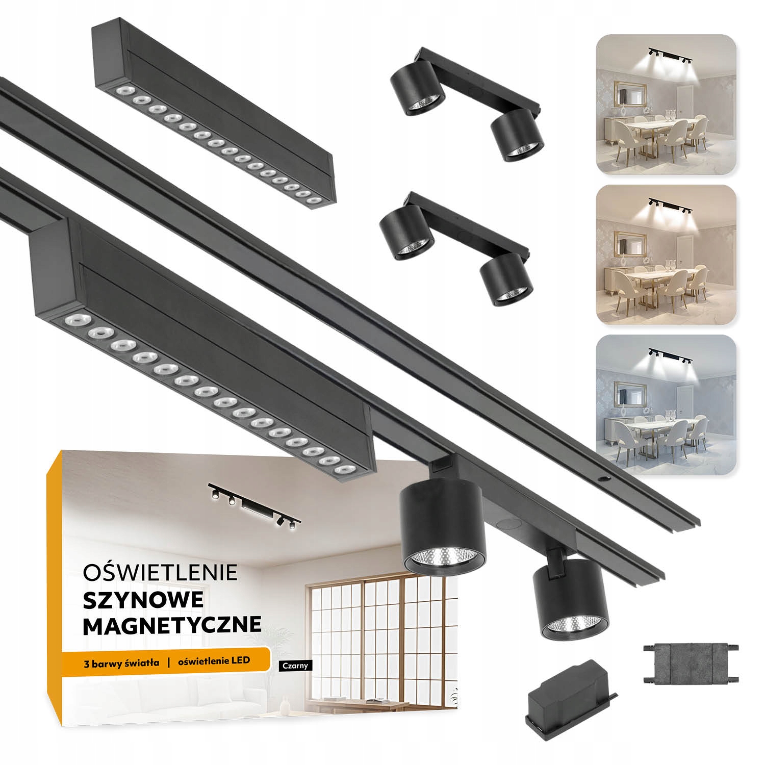 Magnetické koľajnicové osvetlenie 2xSZYNA 1 m +15 W a 2x2x7 W čierne 5 rokov záruka