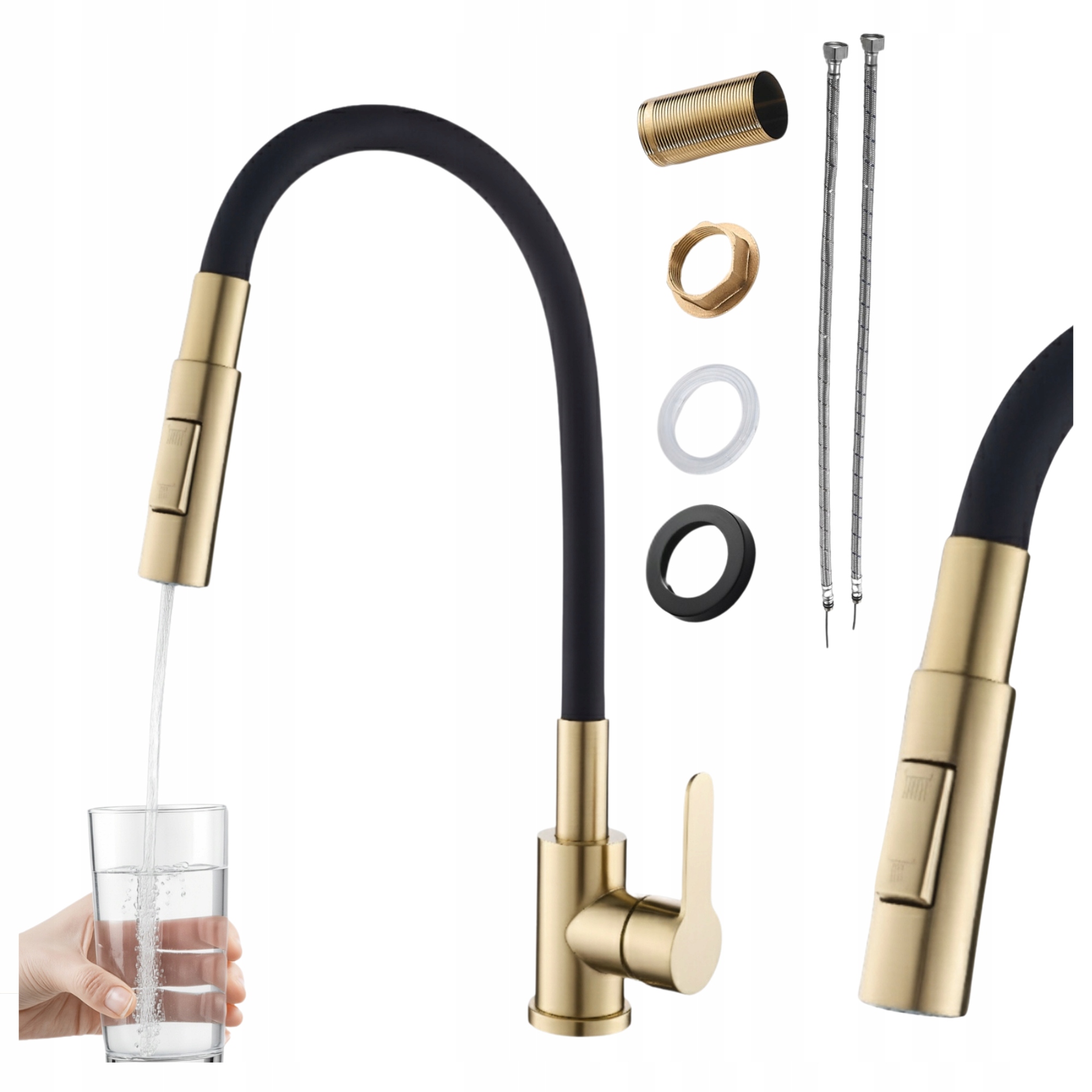 Kuchyňská baterie Reno flexibilní Granitan Brushed Gold Černá s výtokem