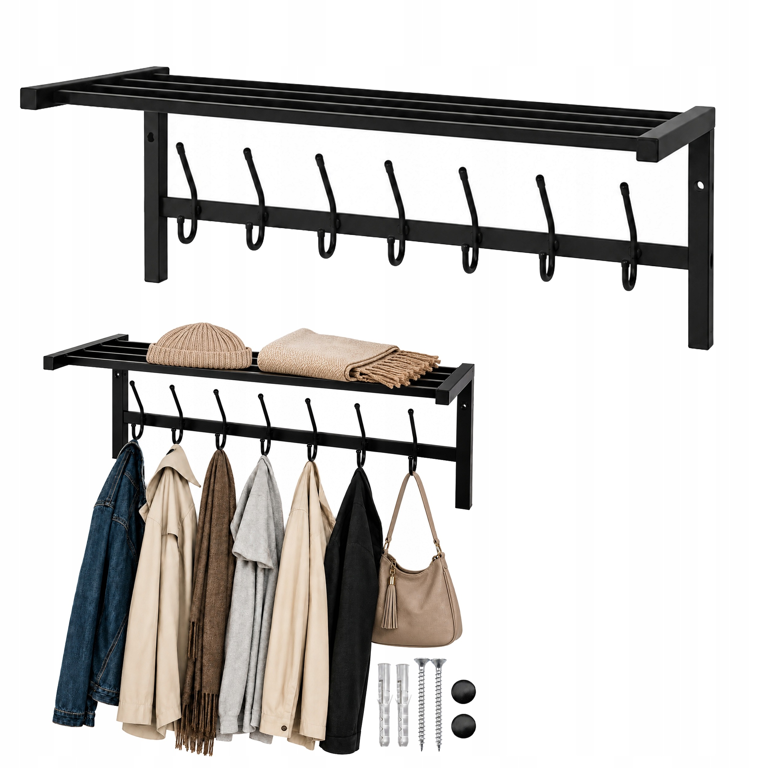 Nástěnný kovový věšák na oblečení černý s poličkou 70 cm, 7 háčků, loft
