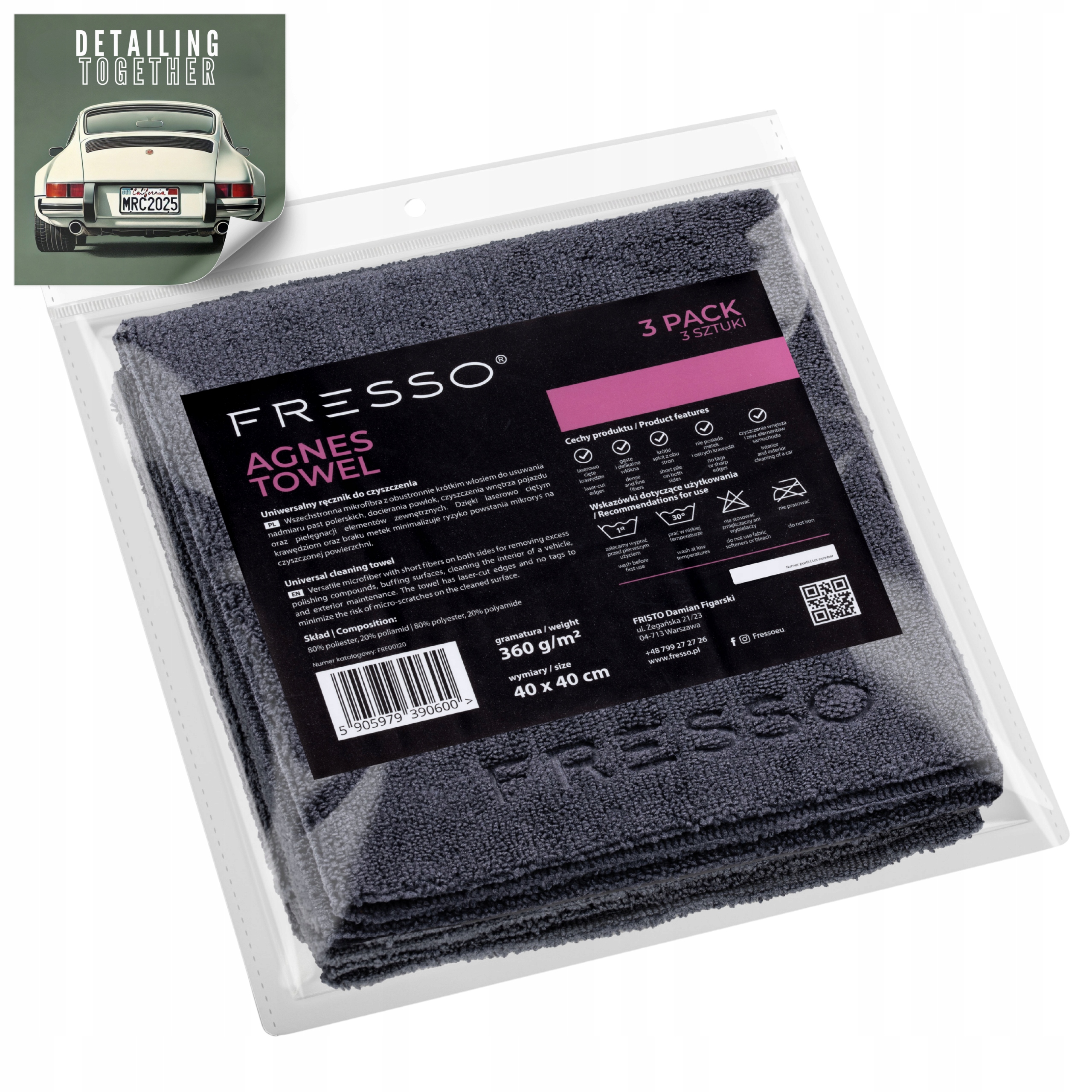 Fresso Agnes Towel Uniwersalna Mikrofibra Do Auta 40x40 Cm 360 Gsm 3-Pack
