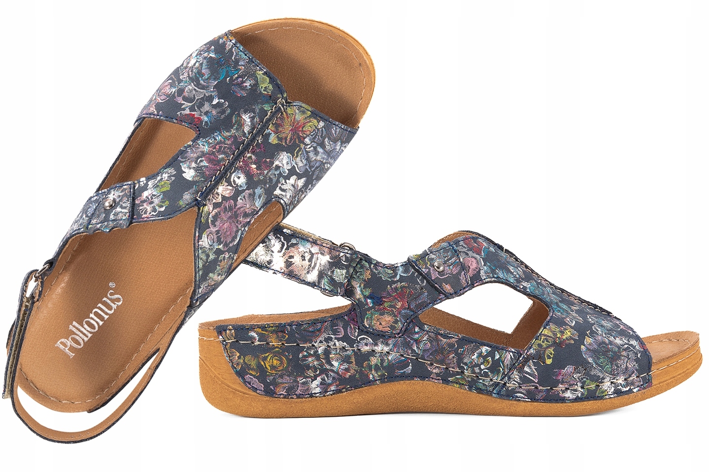 Pollonus 0774 Sandály Komfort Kožené Koturn Pu námořnická modrá květy Námořnická modrá 39