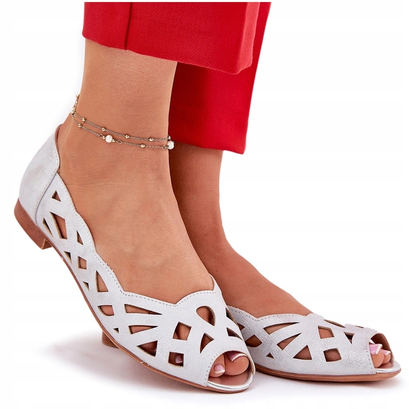 Ažurové Baleríny Na Plochém Podpatku S Odhalenými Špičkami, Stříbrné, Velikost 40