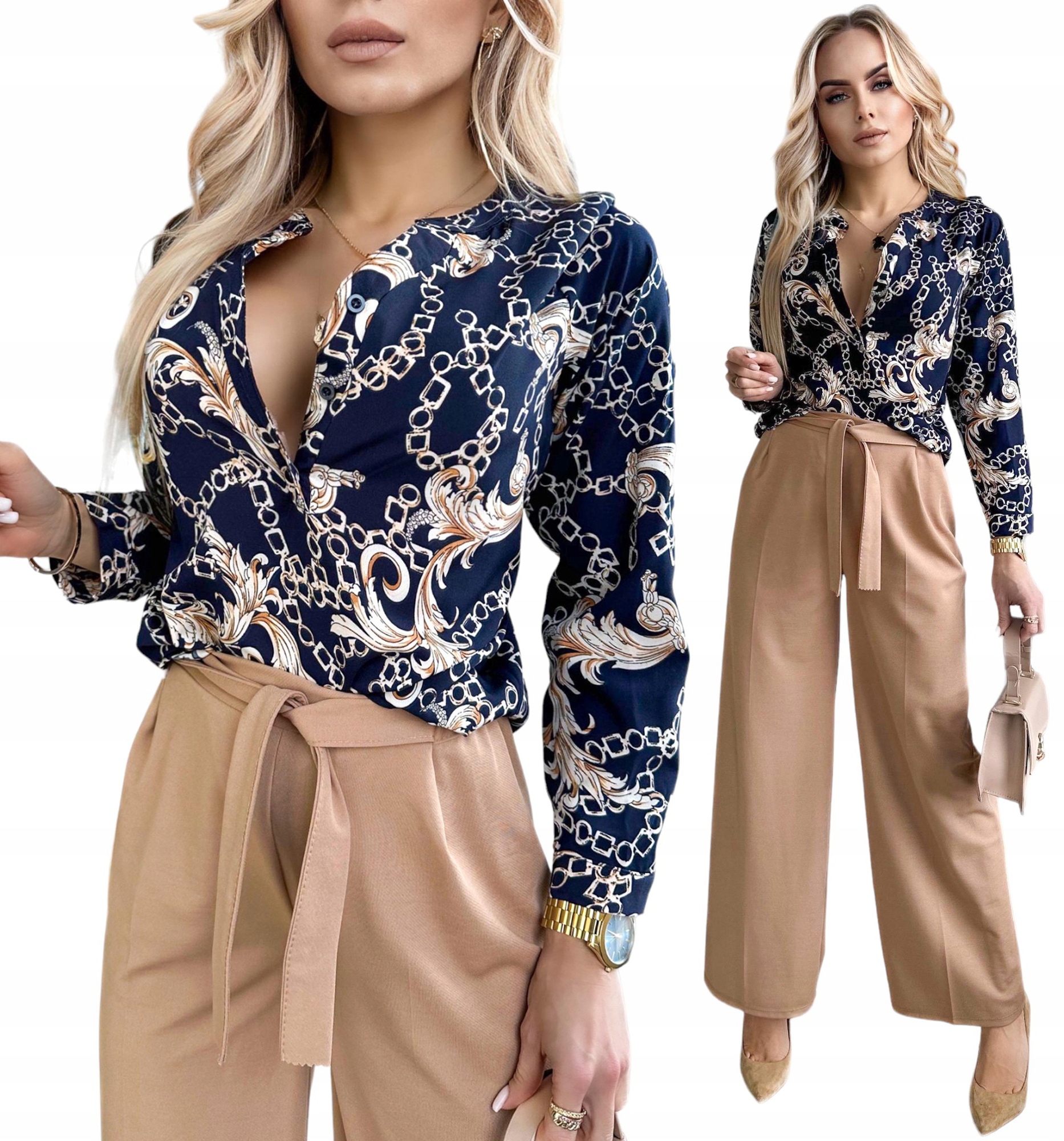 BLUZKA DAMSKA koszula luźna elegancka wzorzysta dekolt guziki
