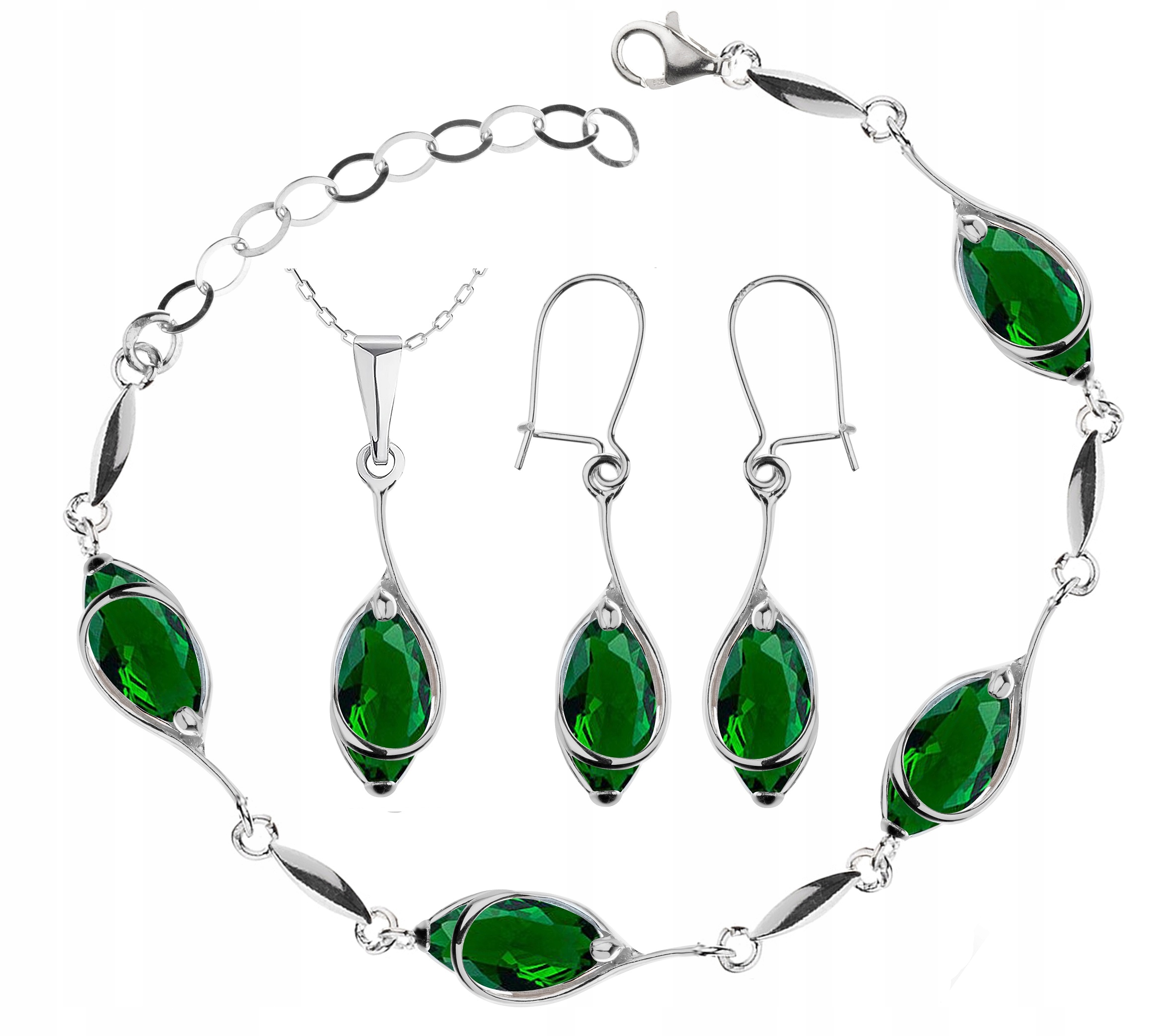 

Komplet Srebrnej Biżuterii Z Zielonymi Cyrkoniami