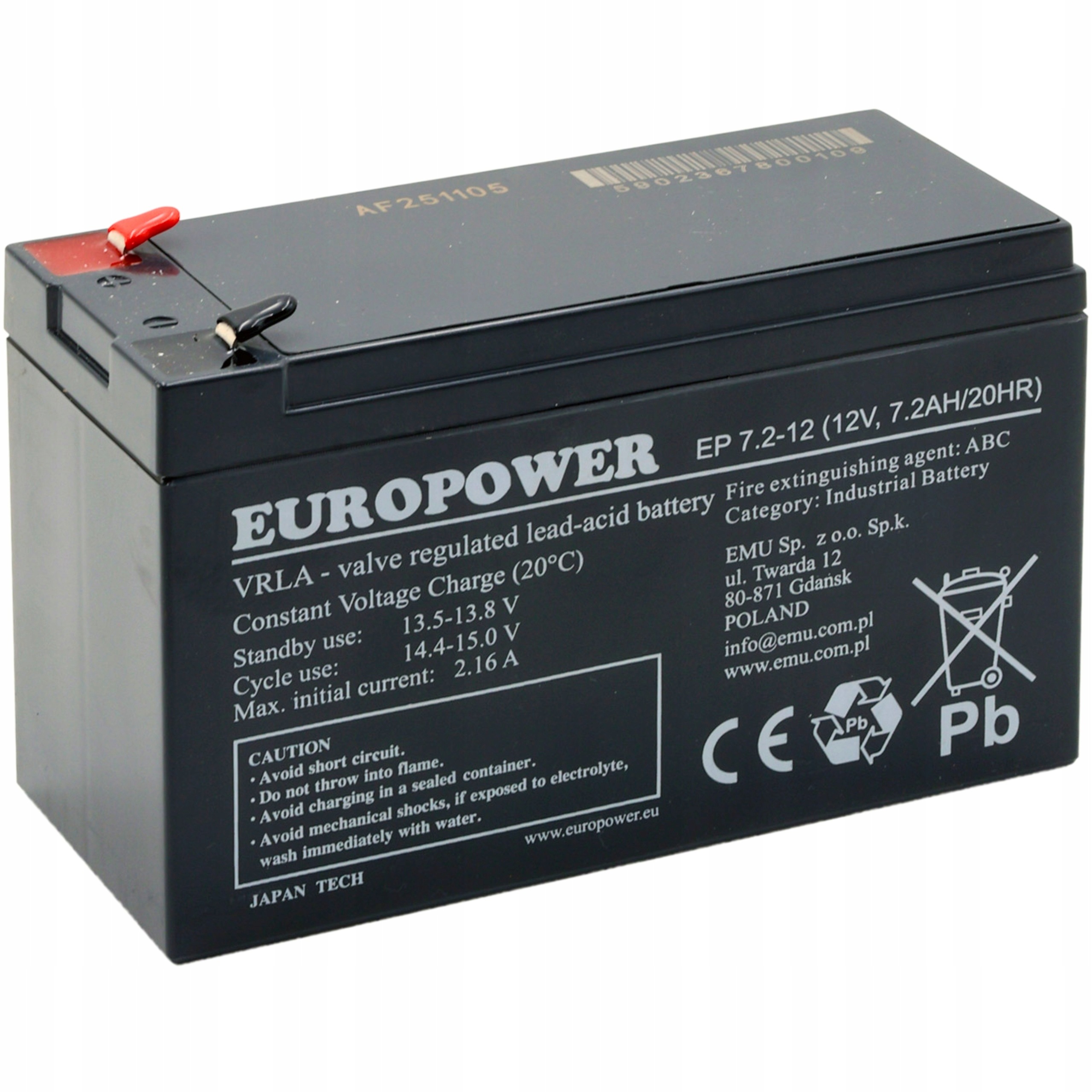 Akumulátor bezúdržbový Europower 12V 7.2Ah T1 Agm Vrla, vyrovnávací provoz