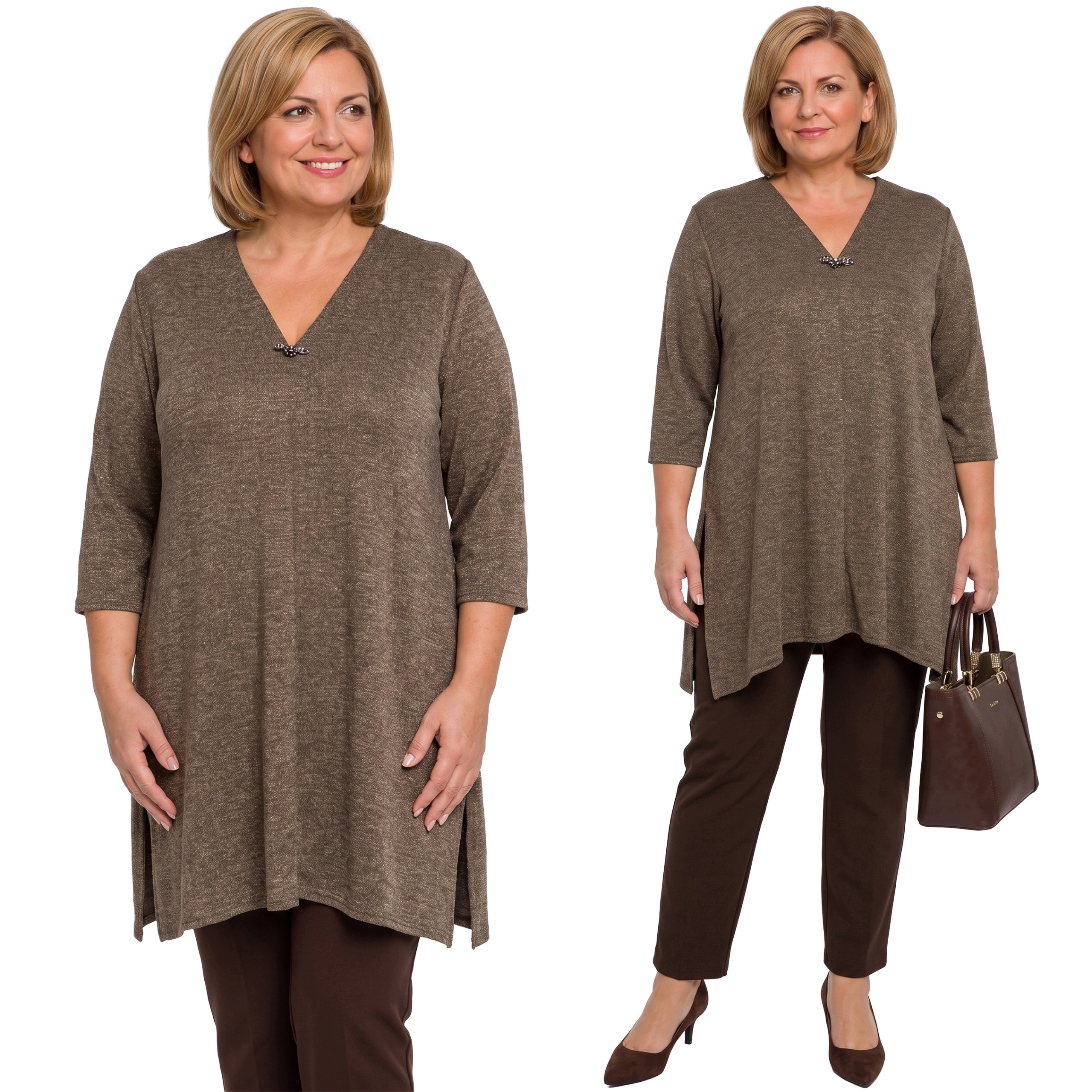 Khaki svetr s broží plus size velikost 48/50