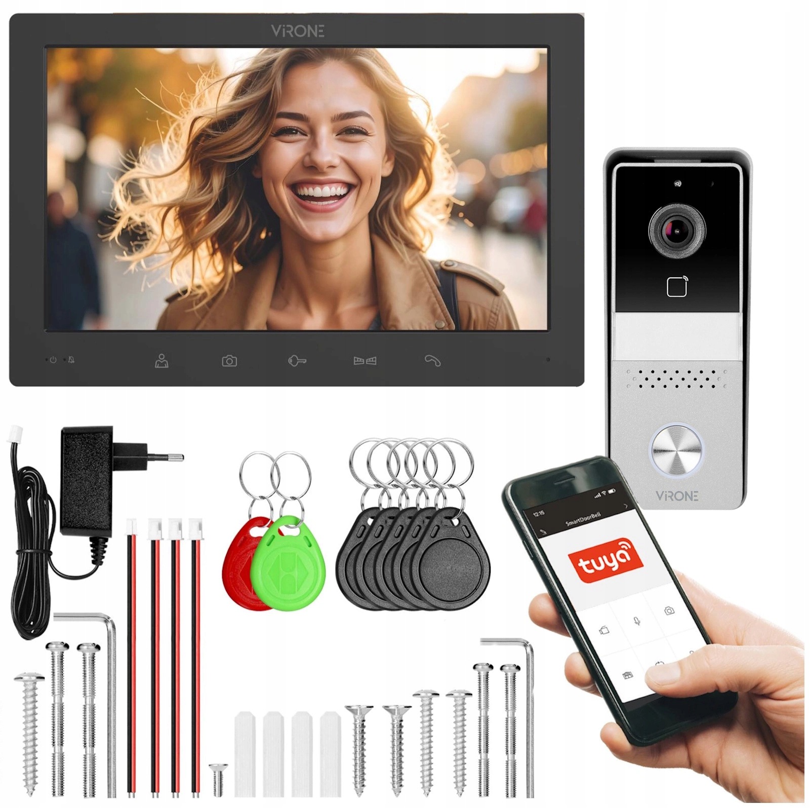 Virone Videodomofonový set Full Hd Tuya Wi-Fi, dotykový Rfid panel, čierny