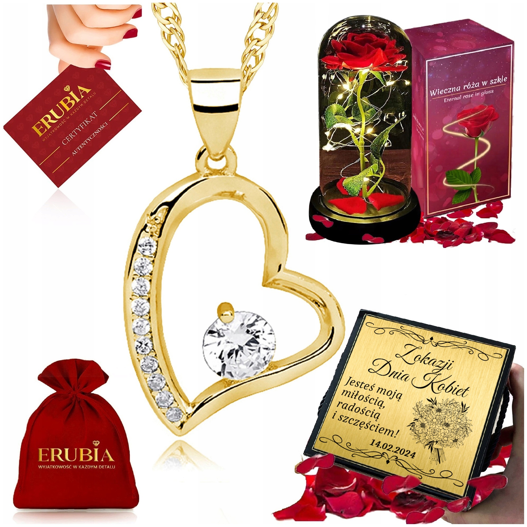Zlatý Řetízek Srdce Věčná Růže Ve Skle Led, Stříbro 925 Gravírování