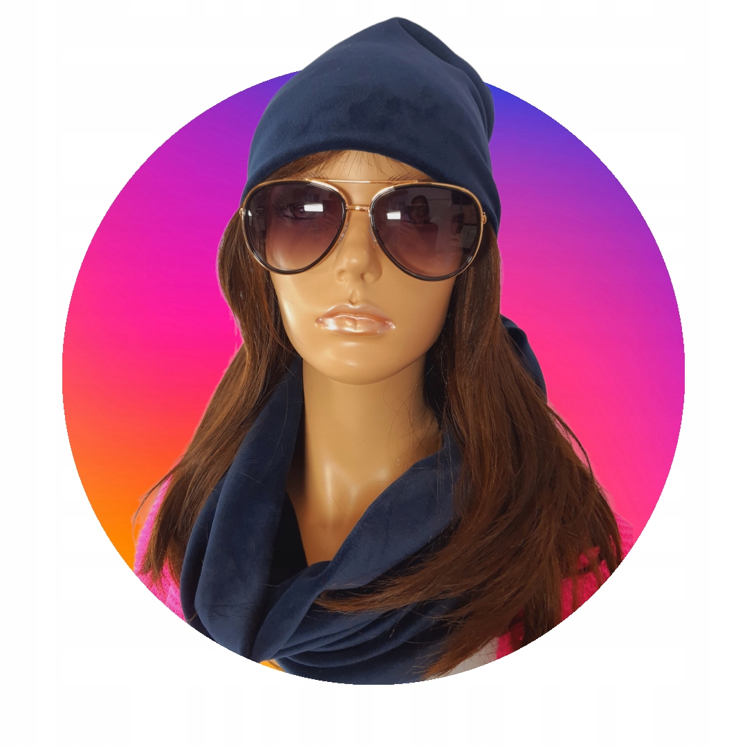 DAMSKI Welurowy KOMPLET czapka + komin Wzór dominujący bez wzoru