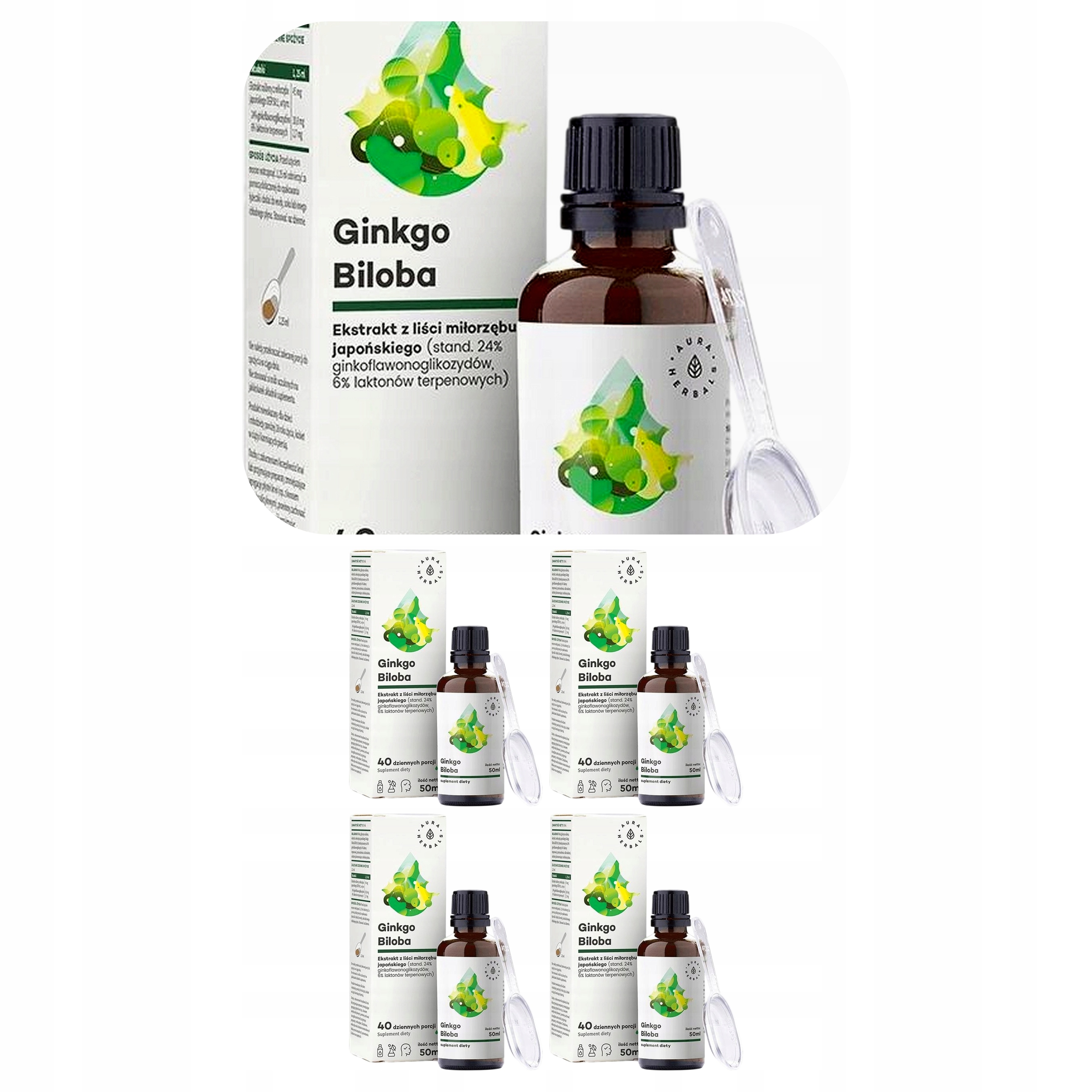 4x Ginko Biloba Aura Herbals Miłorząb Japoński Ekstrakt 50:1 45 mg 50 ml