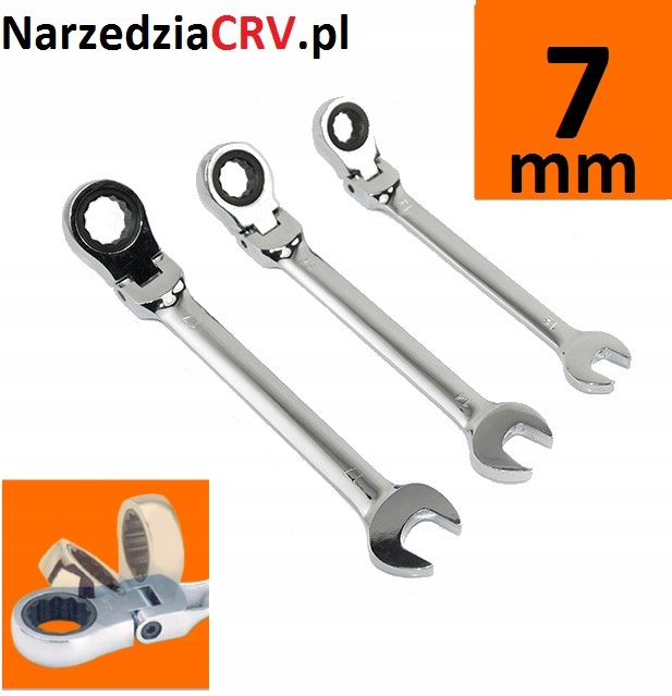 Klucz płasko-oczkowy z grzechotką i przegubem, łamany 7mm