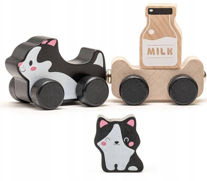 ZESTAW DREWNIANE KOTKI NA KÓŁKACH MAGNESY JEŹDZIKI Marka Cubika