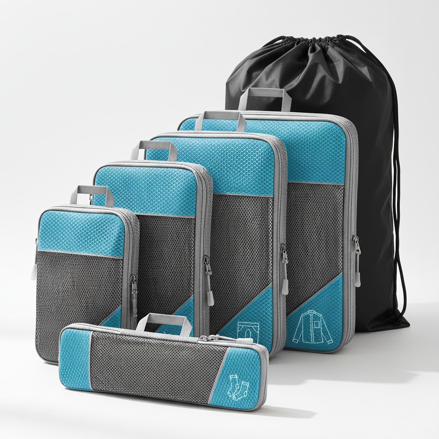 Zestaw 6 szt etui podróżne kompresyjne organizer do bagażu jasnoniebieski