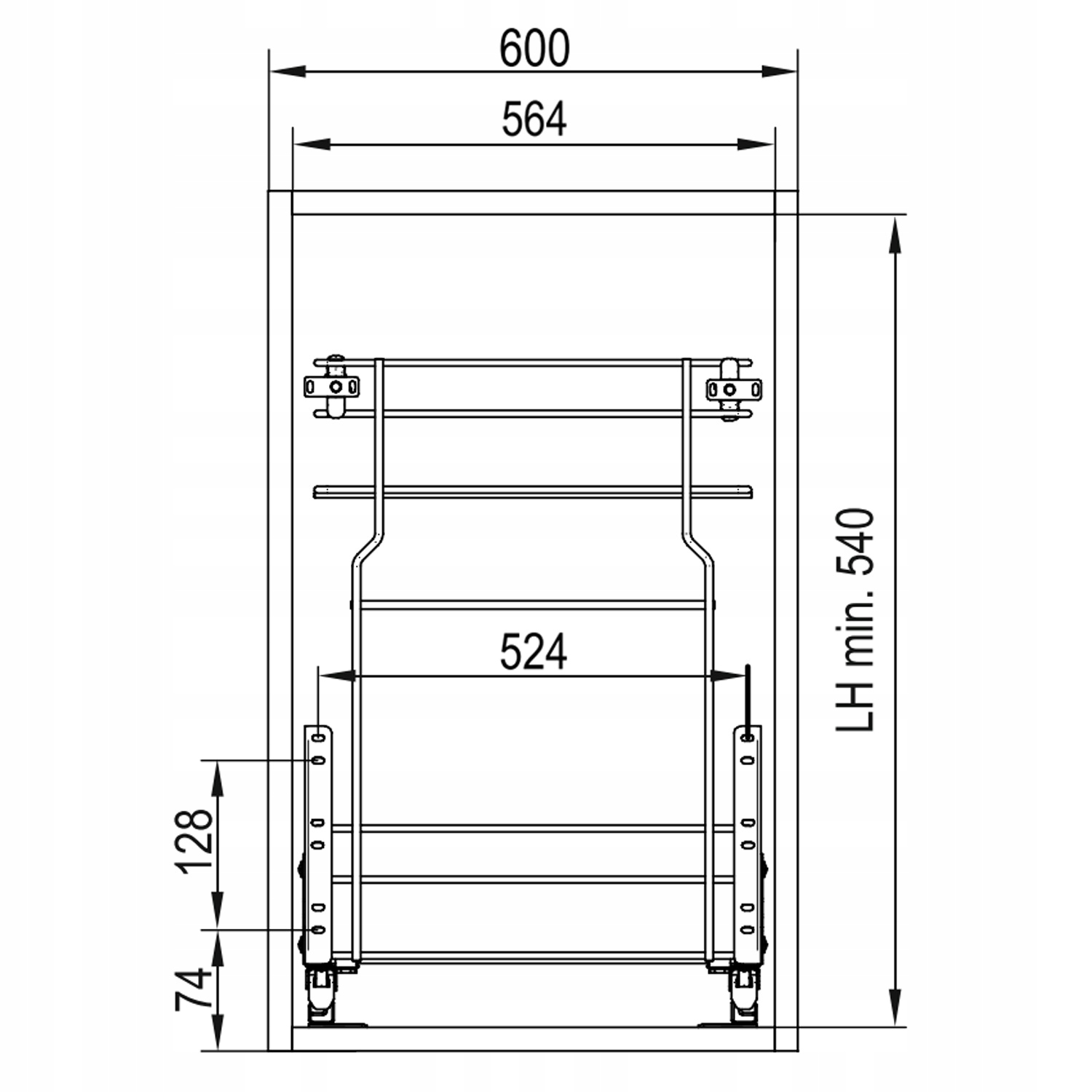 Kosz cargo 60cm 2p. 600 z systemem jezdnym cichy domyk Variant Multi REJS Wysokość maksymalna 50.5 cm