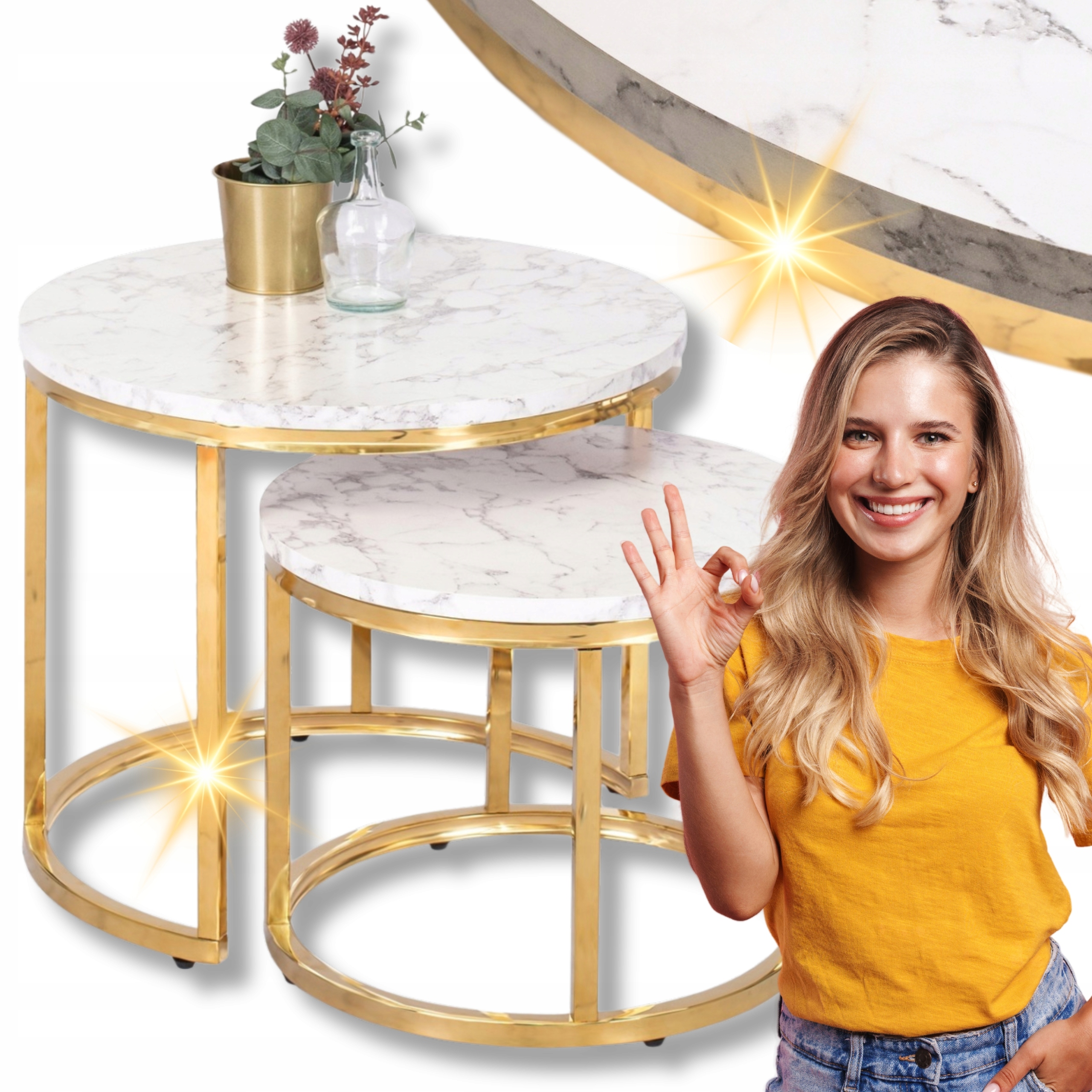Konferenční stolek Kulatý Glamour Lavička do obývacího pokoje Bílý mramor Olis Ø53 Ø43