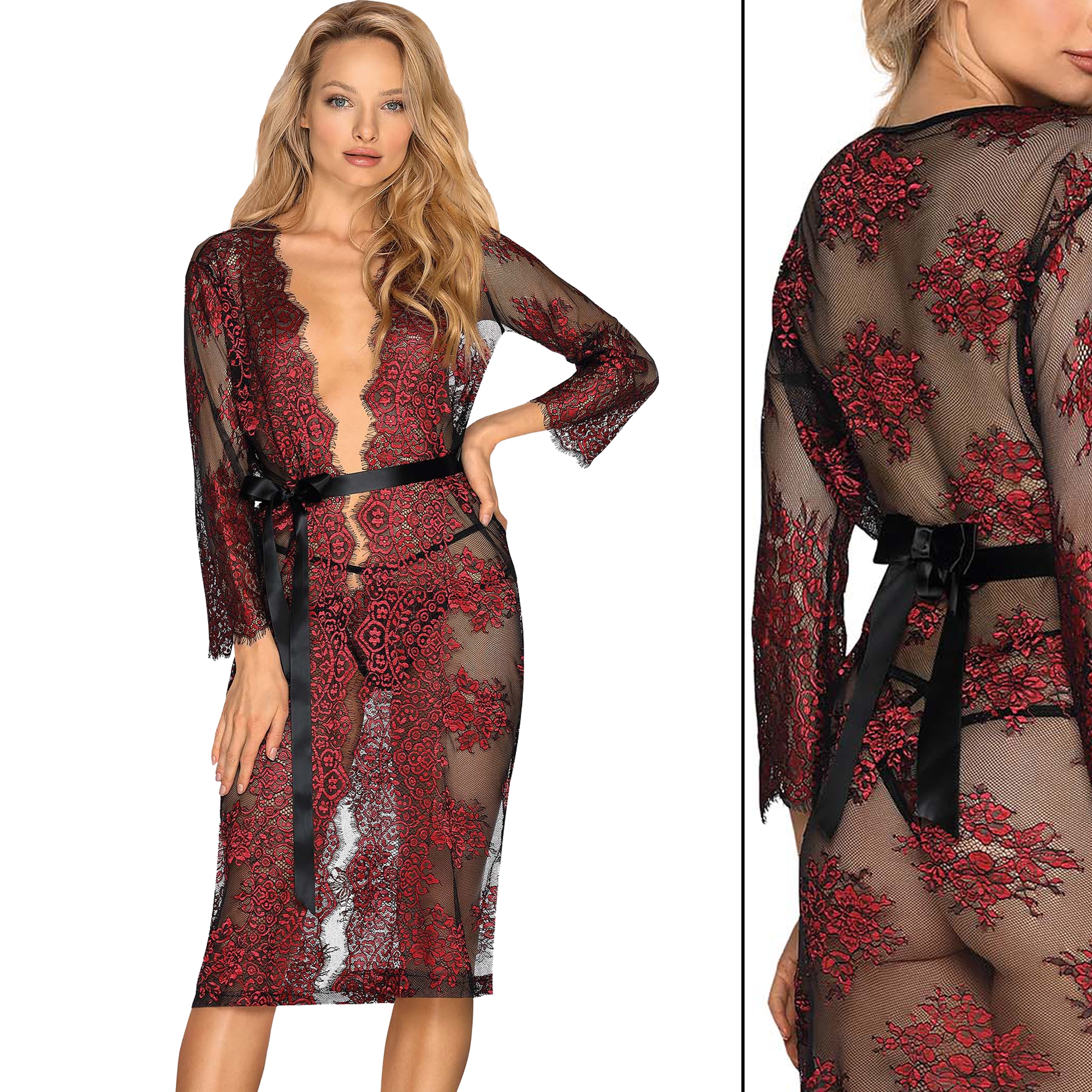 OBSESSIVE Redessia Prześwitujący Szlafrok Red L/XL Długość do bioder