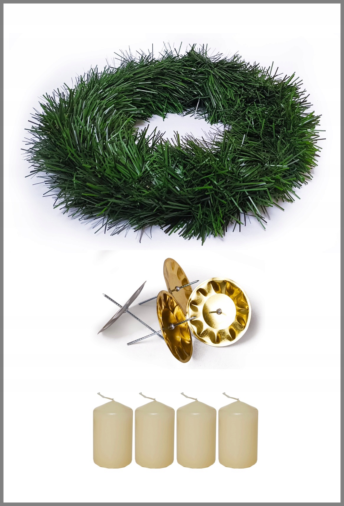 Zestaw do zrobienia wieńca adwentowego, kremowe świece, wieniec, podstawki