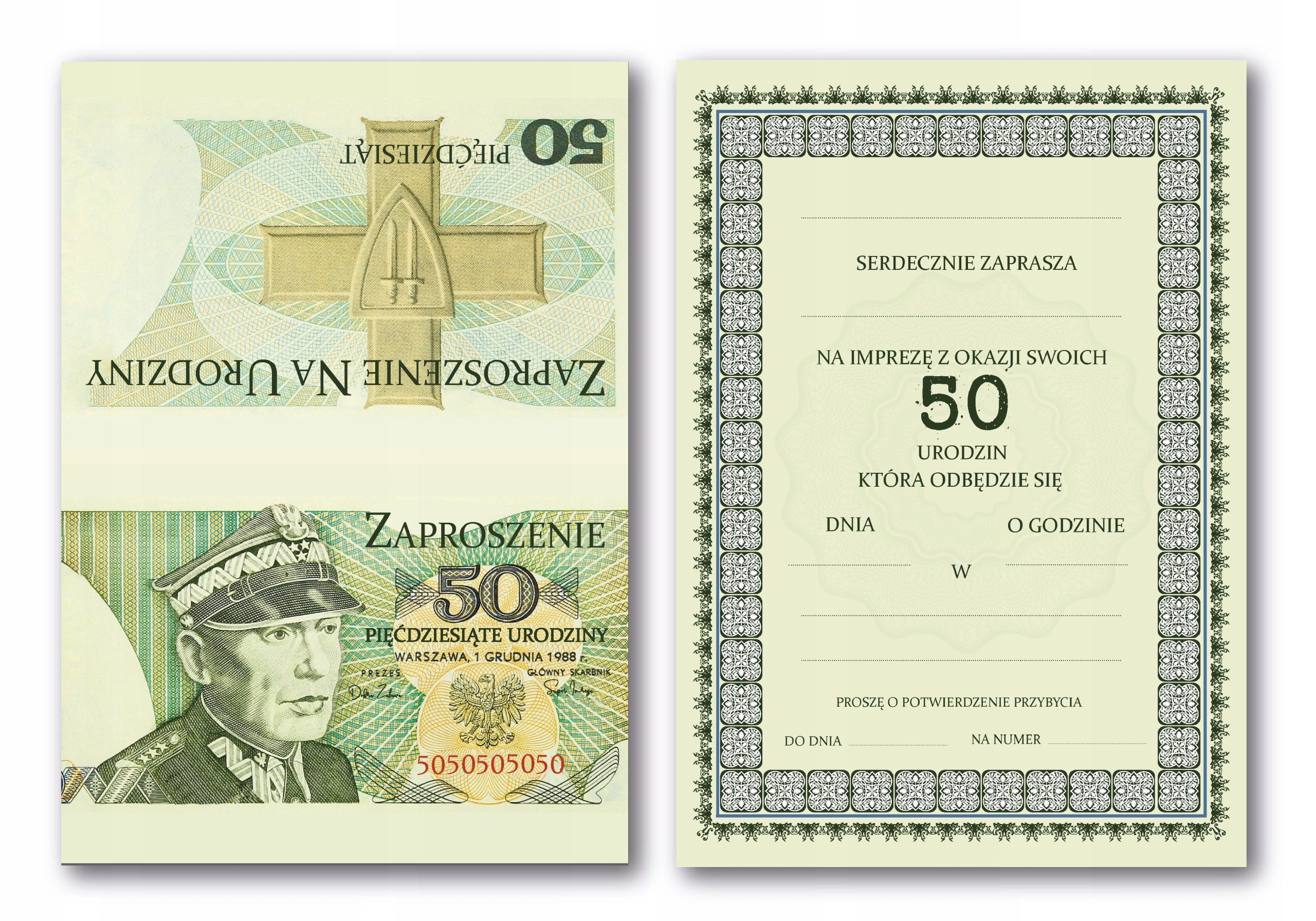 ZAPROSZENIE NA 50 URODZINY STARY BANKNOT 50 zł Marka inna