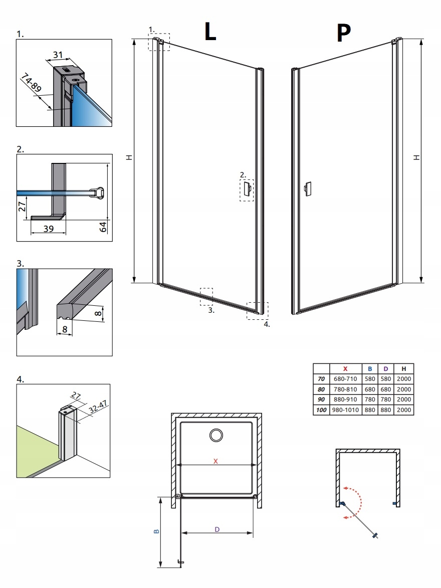 Drzwi prysznicowe wnękowe NES DWJ I 90x200 RADAWAY Szerokość produktu 90 cm
