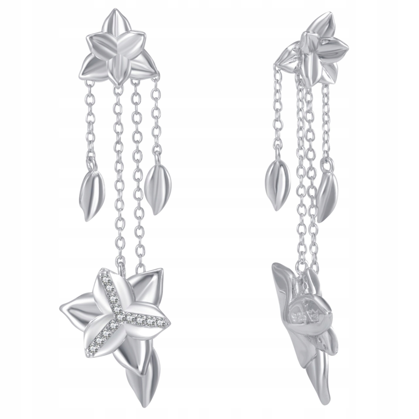 Stříbrné velké náušnice dlouhé závěsné květiny rhodiované tyčinky stříbro 925