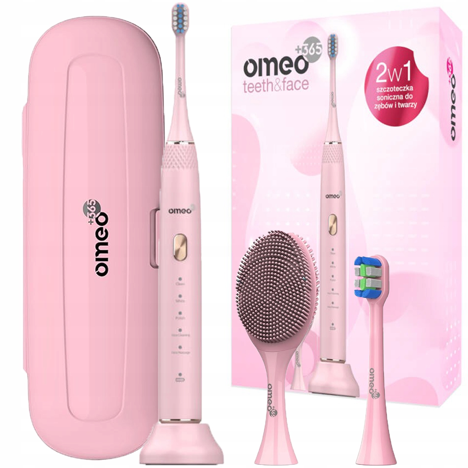 Szczoteczka Soniczna Omeo +365 Do Zębów i Twarzy Teeth&Face Różowa komplet
