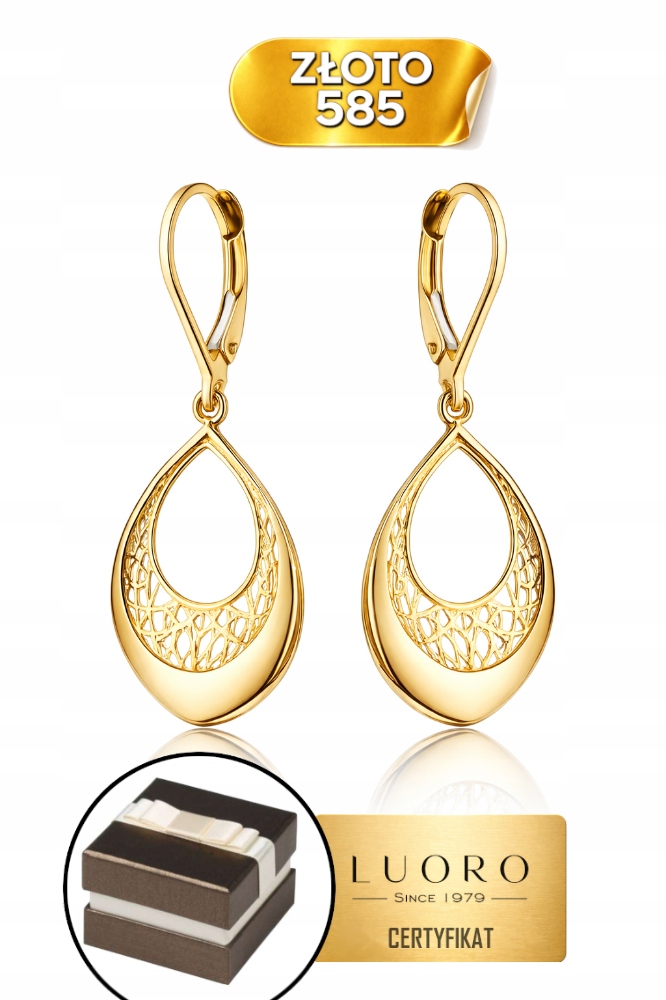 Náušnice Závěsné Zlaté 585 14K Ažurové Slzy Kapky 3,5 CM Dárek