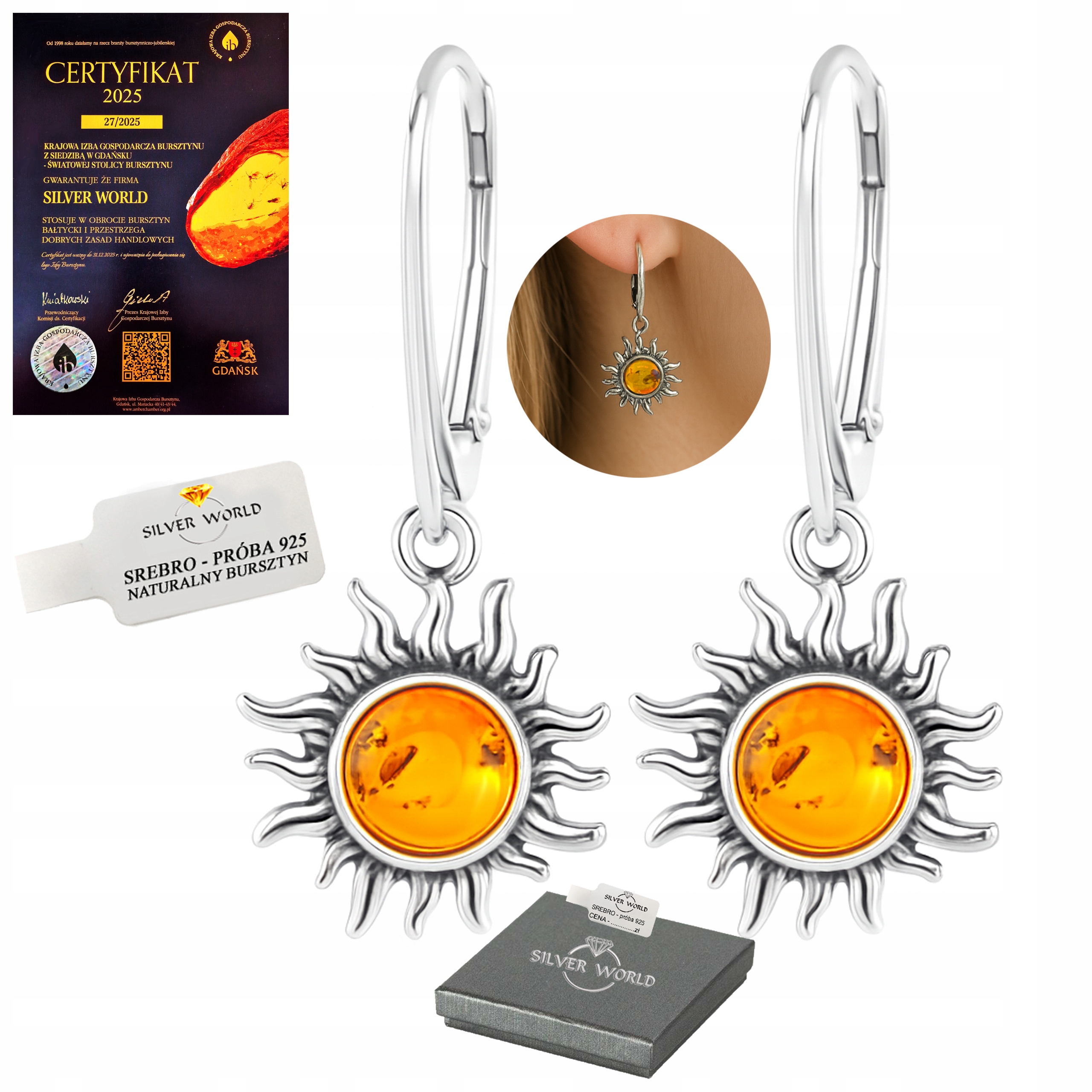 Kolczyki Srebrne Z Bursztynem Zjawiskowe Wiszące Słońca