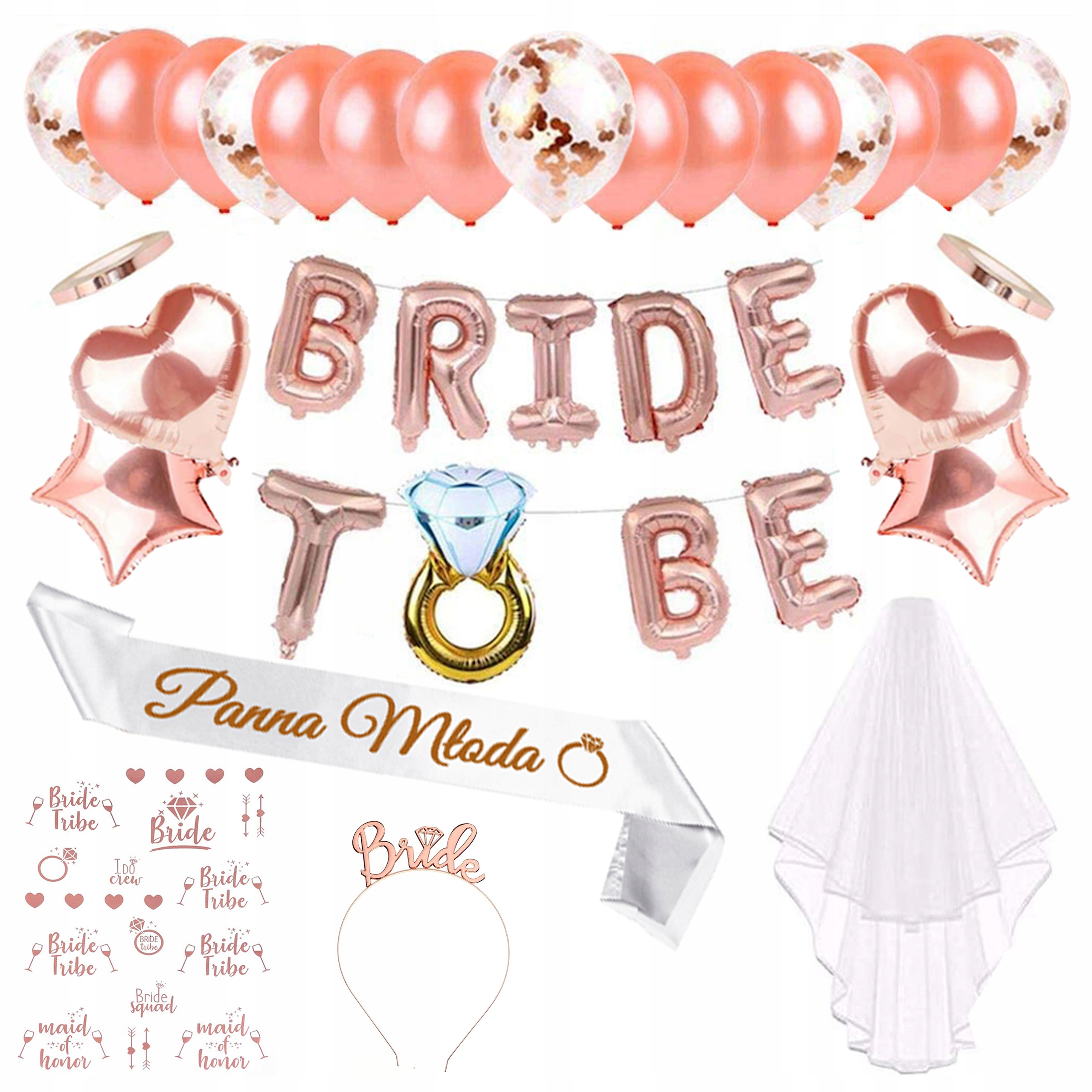 

Zestaw wieczór Panieński balony welon szarfa Bride
