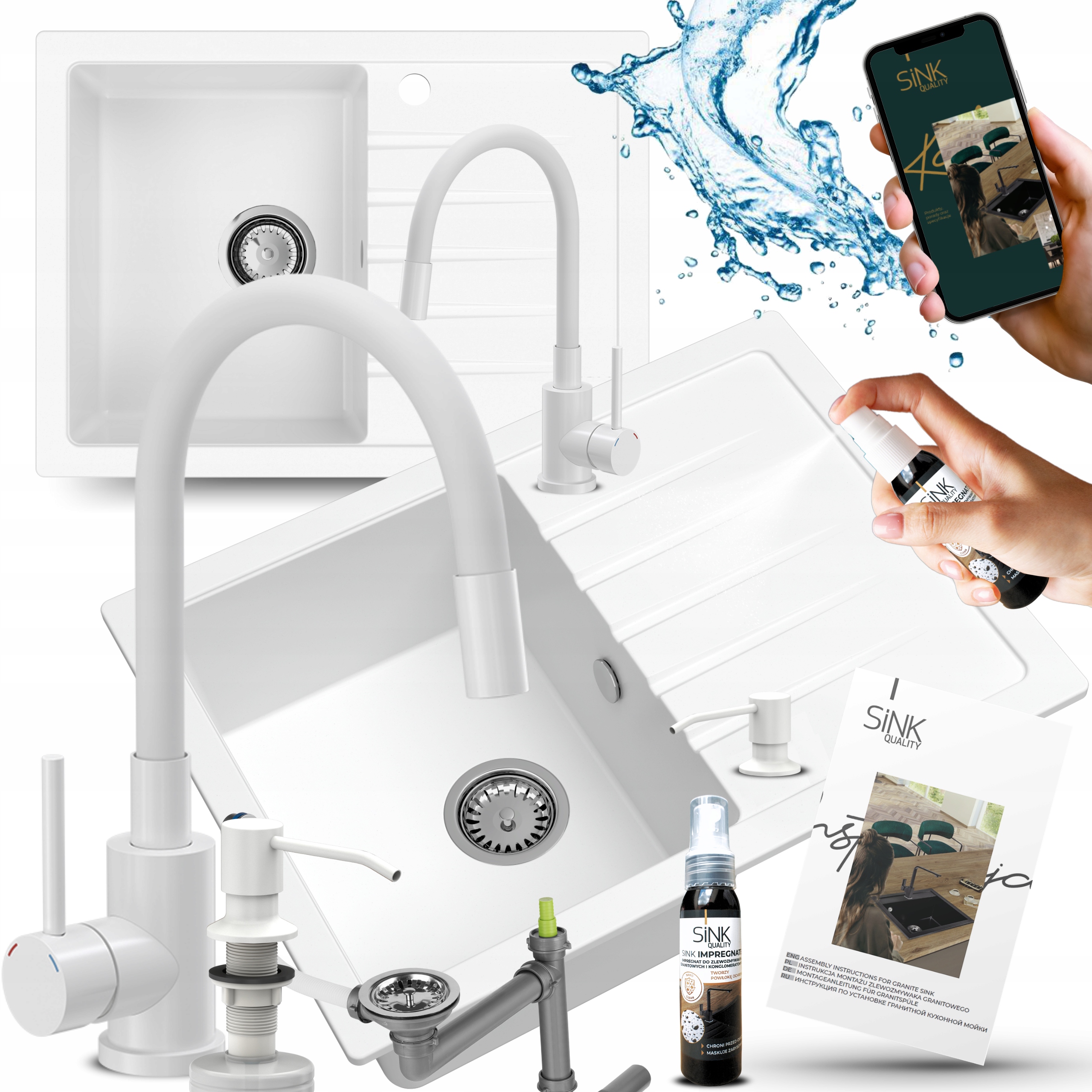 Sada Granitových Dřezů Bílá S Odkapávačem Jednokomorová Baterie 9v1