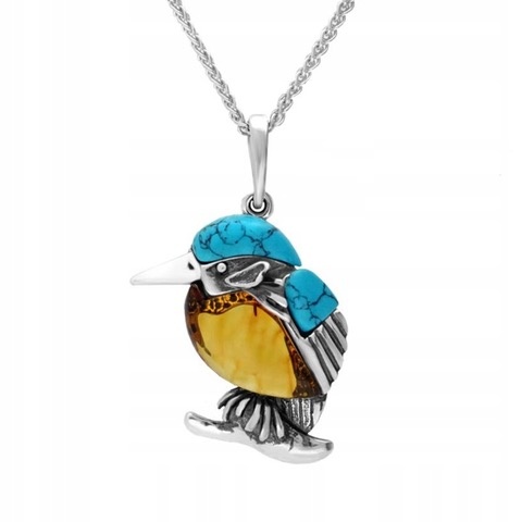 Stříbrný Zimorodek Přívěsek S Jantarem A Tyrkysem