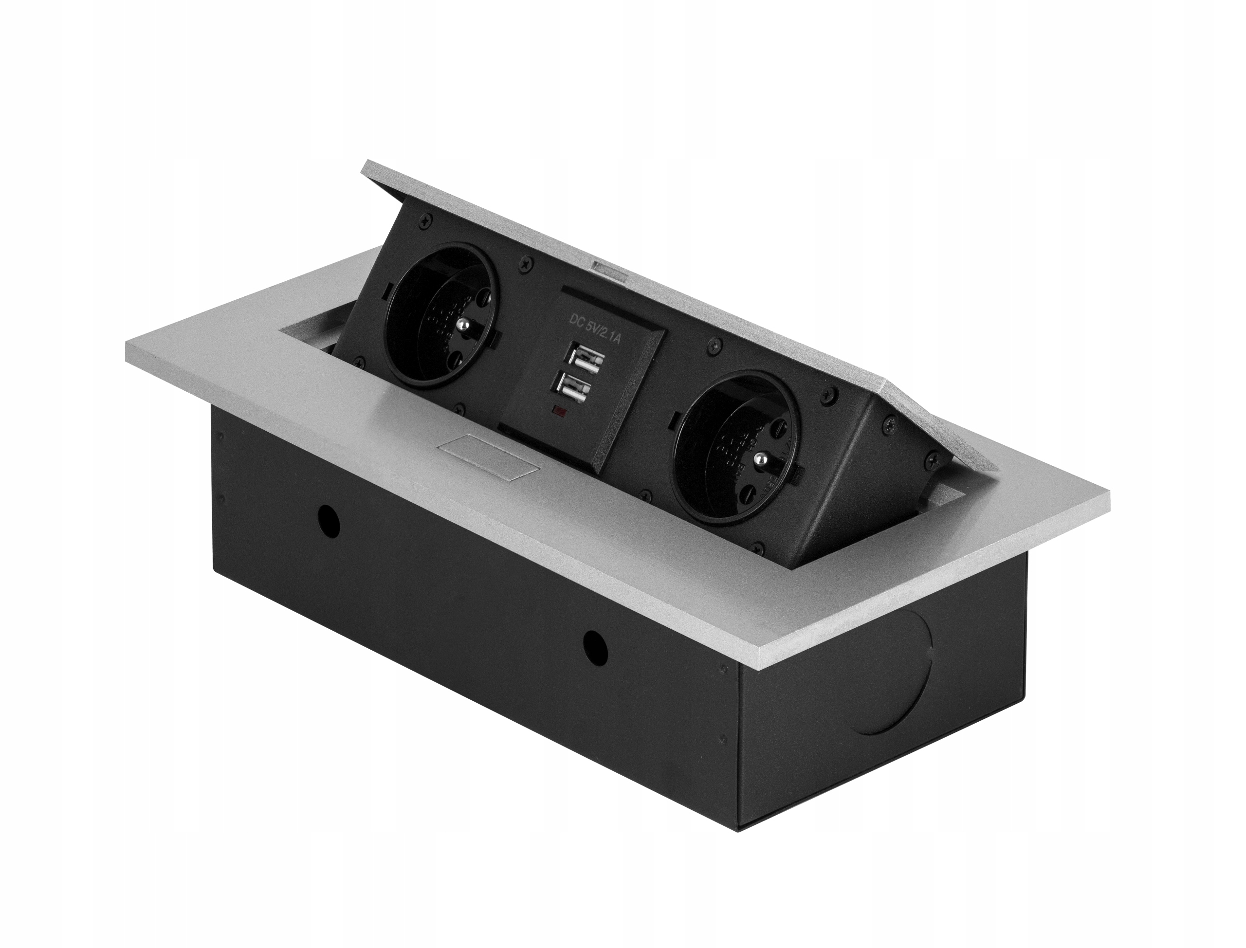 Gniazdo meblowe srebrne chowane wpuszczane w blat przedłużacz 230V 2xUSB