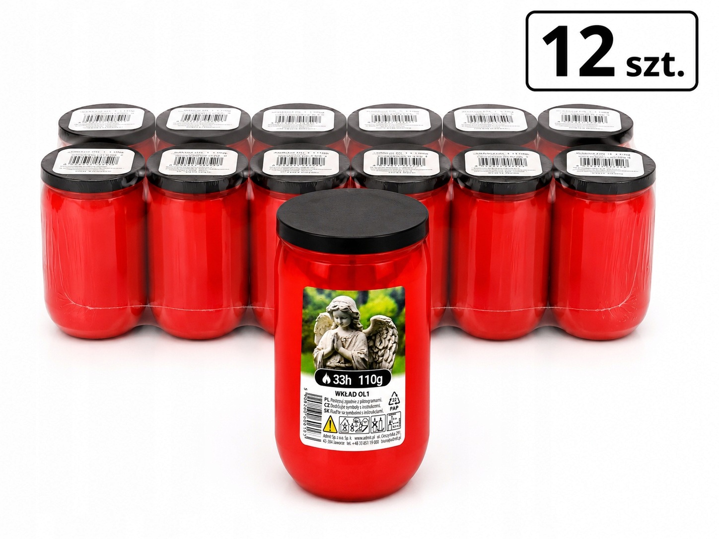 12 x Wkład do zniczy parafinowy OL1 110g 33h czerwony długi czas palenia