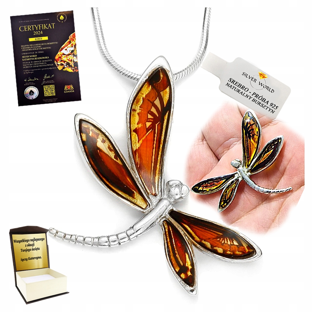 Přívěsek Stříbrný S Uměleckým Jantarem Nádherná Vážka Gravírování Bonus