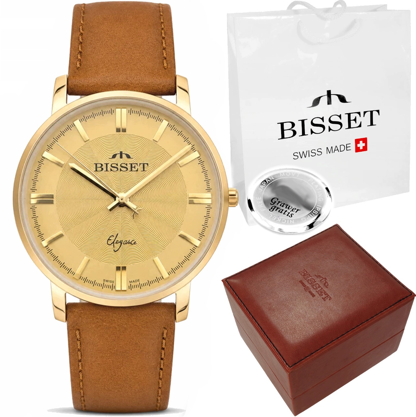 Švýcarské pánské hodinky Bisset Athon Indexy Kožený Opasek Gravírování Box
