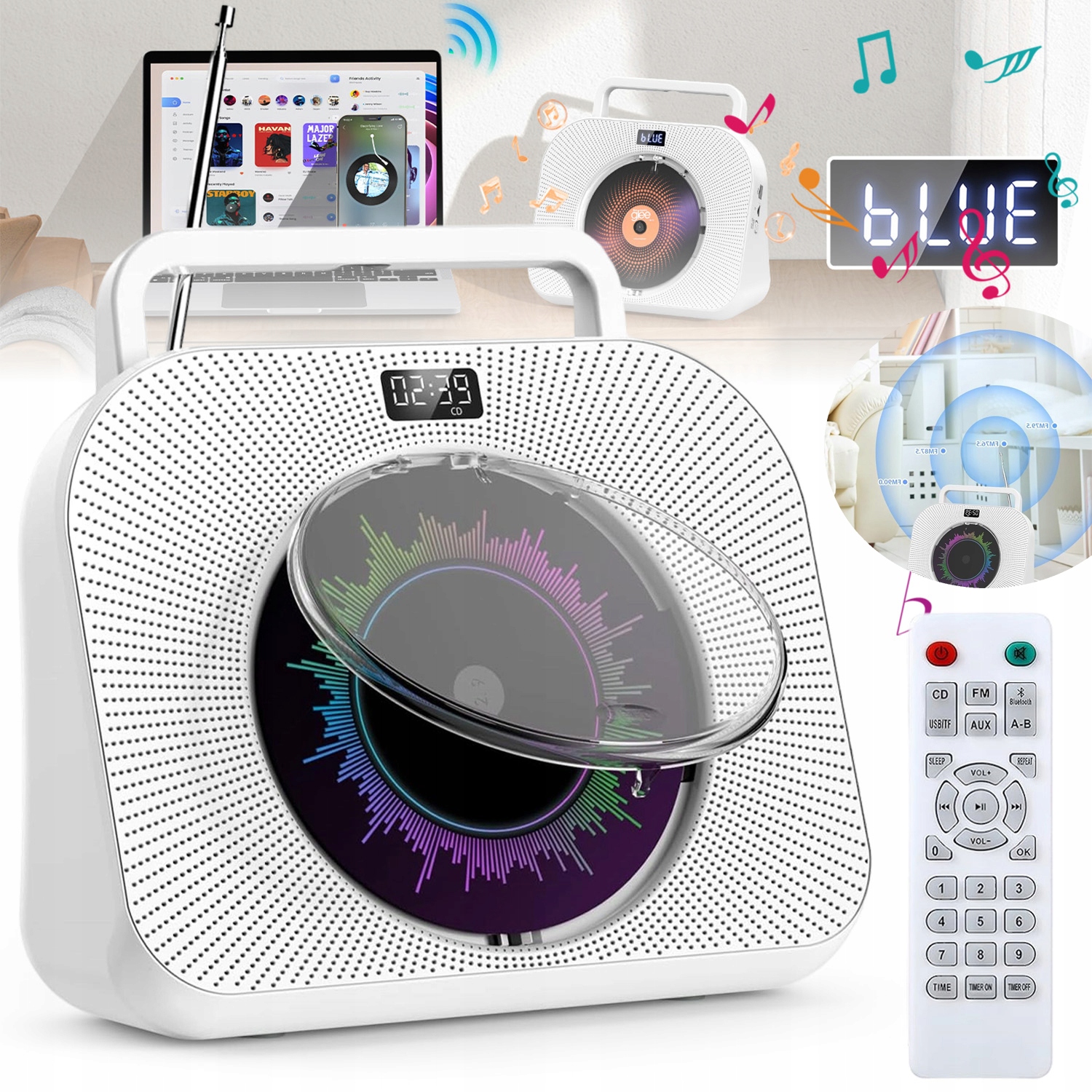 Přenosný Bluetooth CD Přehrávač S Led Displejem, Časovač 30-90 Minut, Elegantní