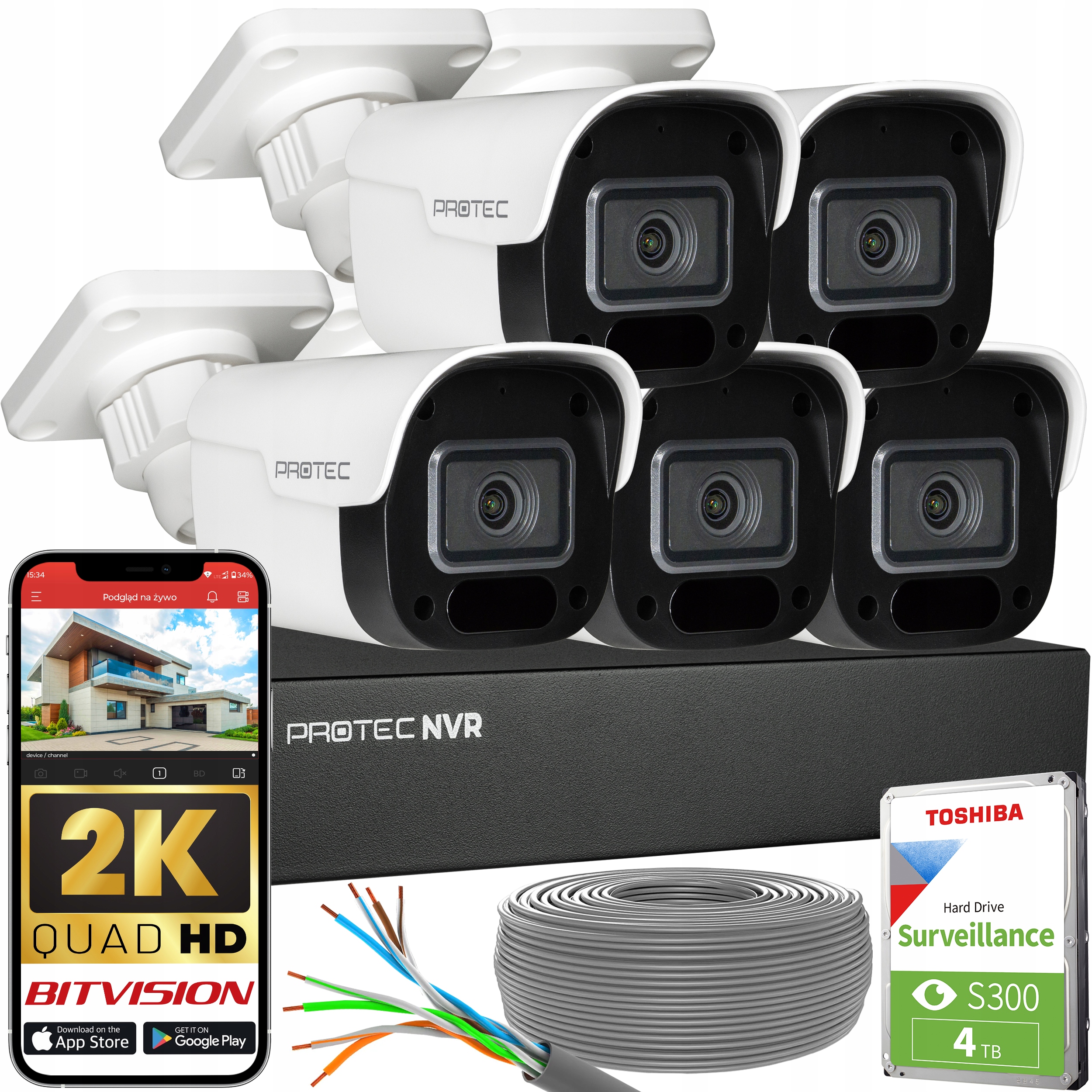 Sada monitorování 5 kamer Ip PoE 4Mpx s mikrofonem náhled s Hdd