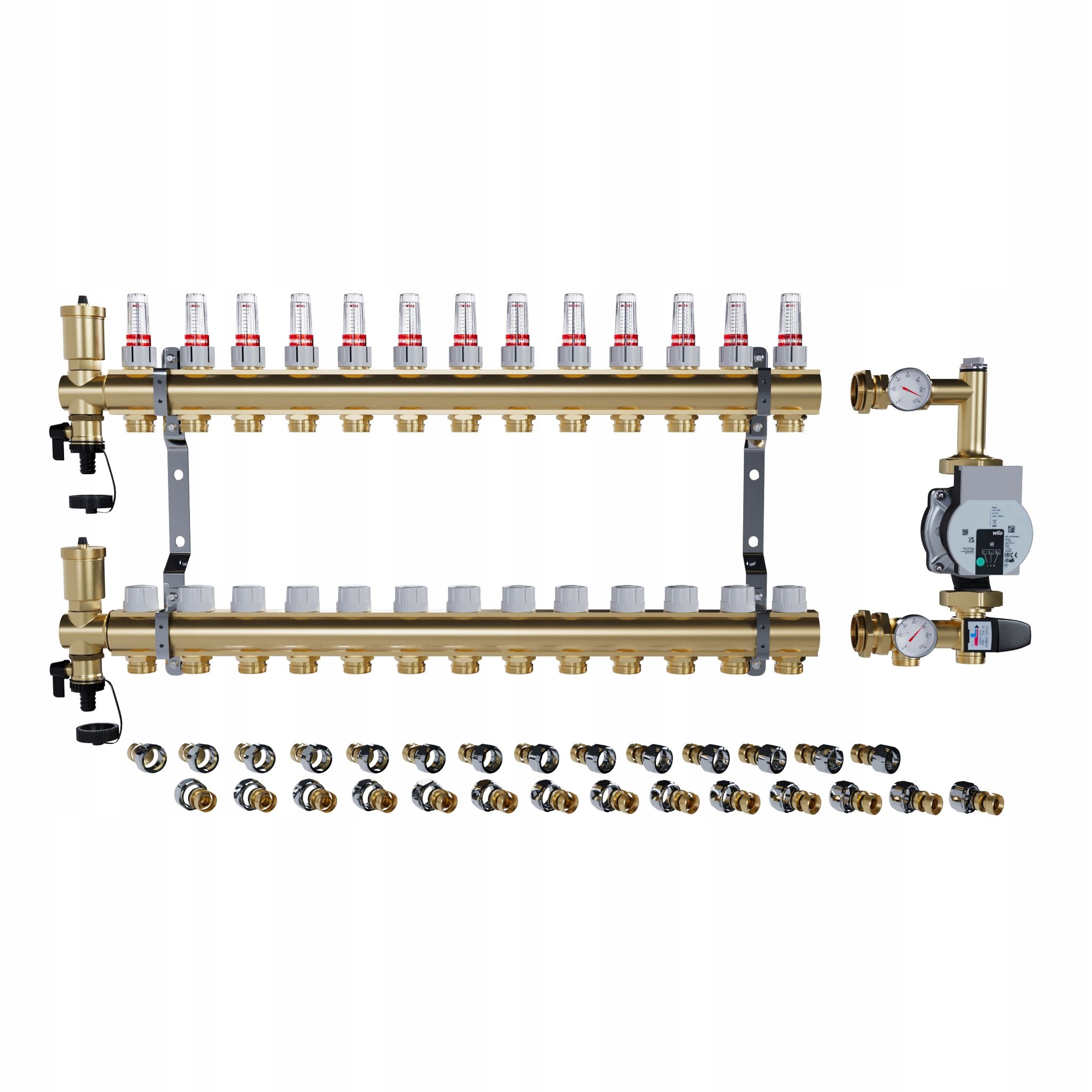 Rozdělovač pro podlahové topení 13 sekcí Spojky Pex Čerpadlo Wilo