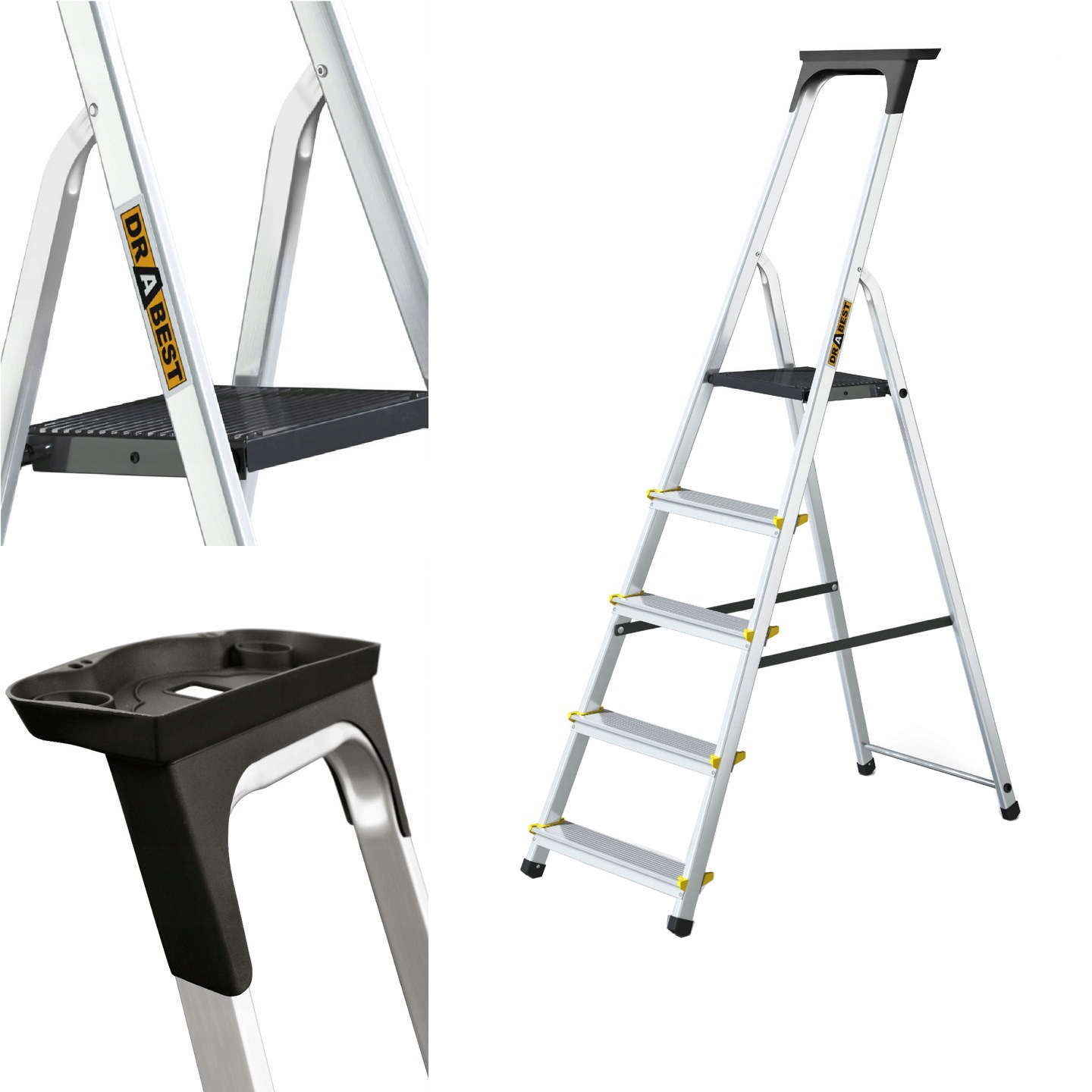 Domáca hliníková rebríková tyč Pro jednostranná, 5-stupňová, s poličkou 150 kg