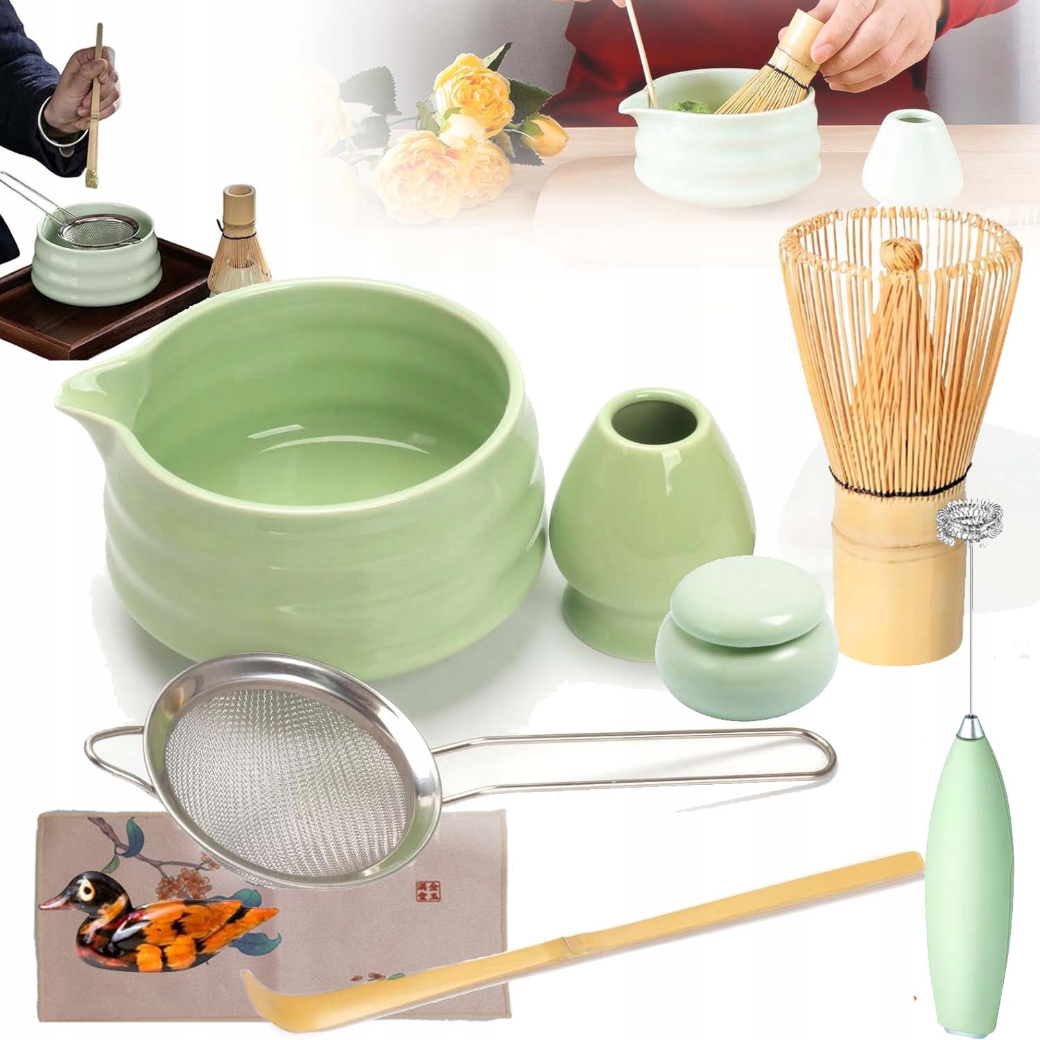 Levně Bambusový Dárková Sada Na Čaj Matchy Chashaku Šlehací Metla Lžíce 9v1