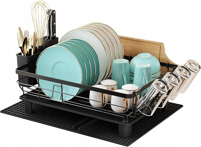 Odkapávač na nádobí ocelový s odtokem 360, podložka, tácek černý