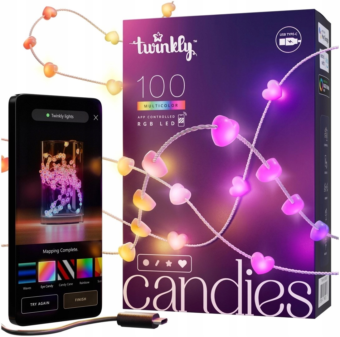 Twinkly Candies 100 ve tvaru srdcí RGBs Jasný