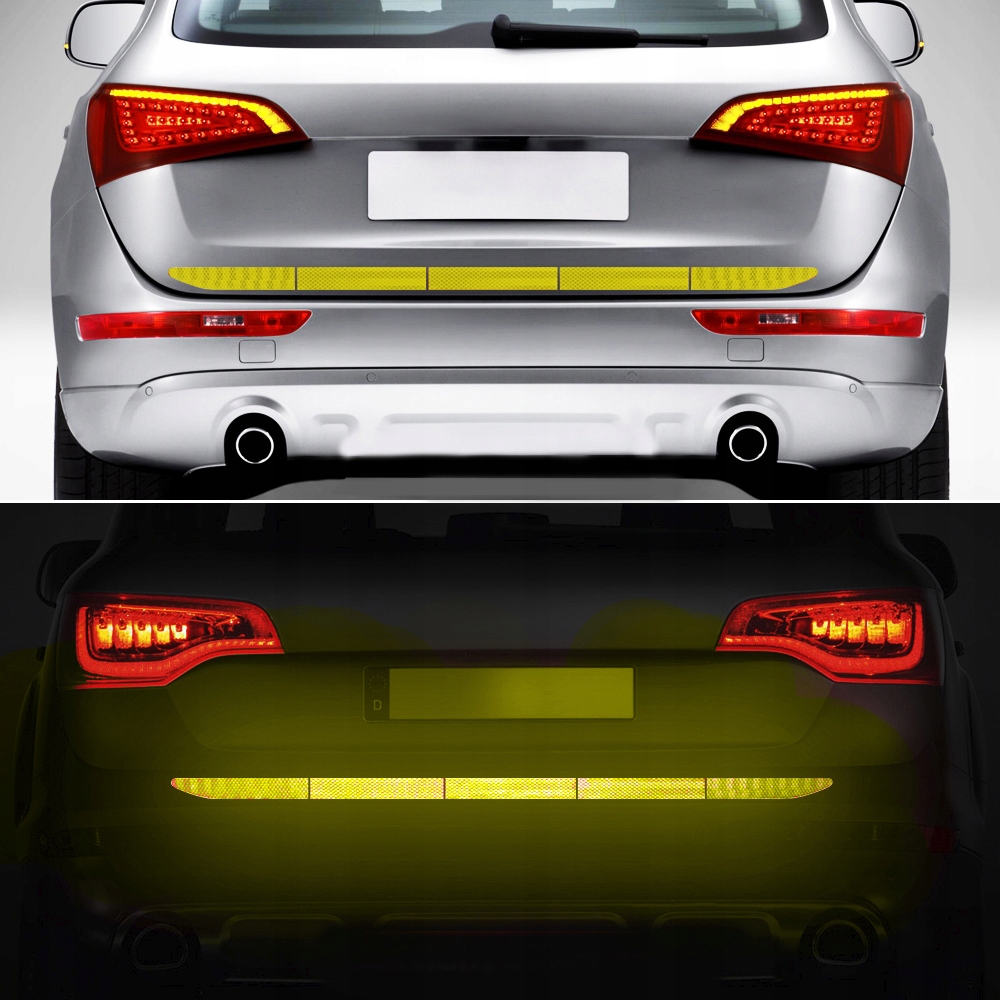 ODBLASKI NAKLEJKI ODBLASKOWE OSTRZEGAWCZE ZDERZAK PASEK ŻÓŁTE Strona zabudowy tył