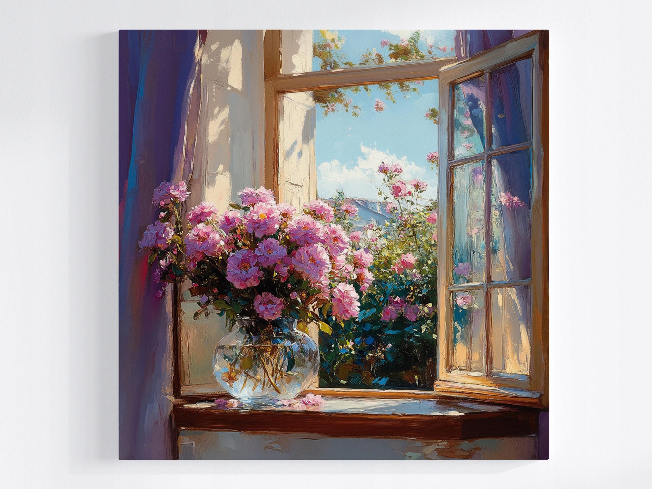 Obraz Na Plátně Canvas Okno Zahrada Keř Květiny Růže Kytice Váza 80x80