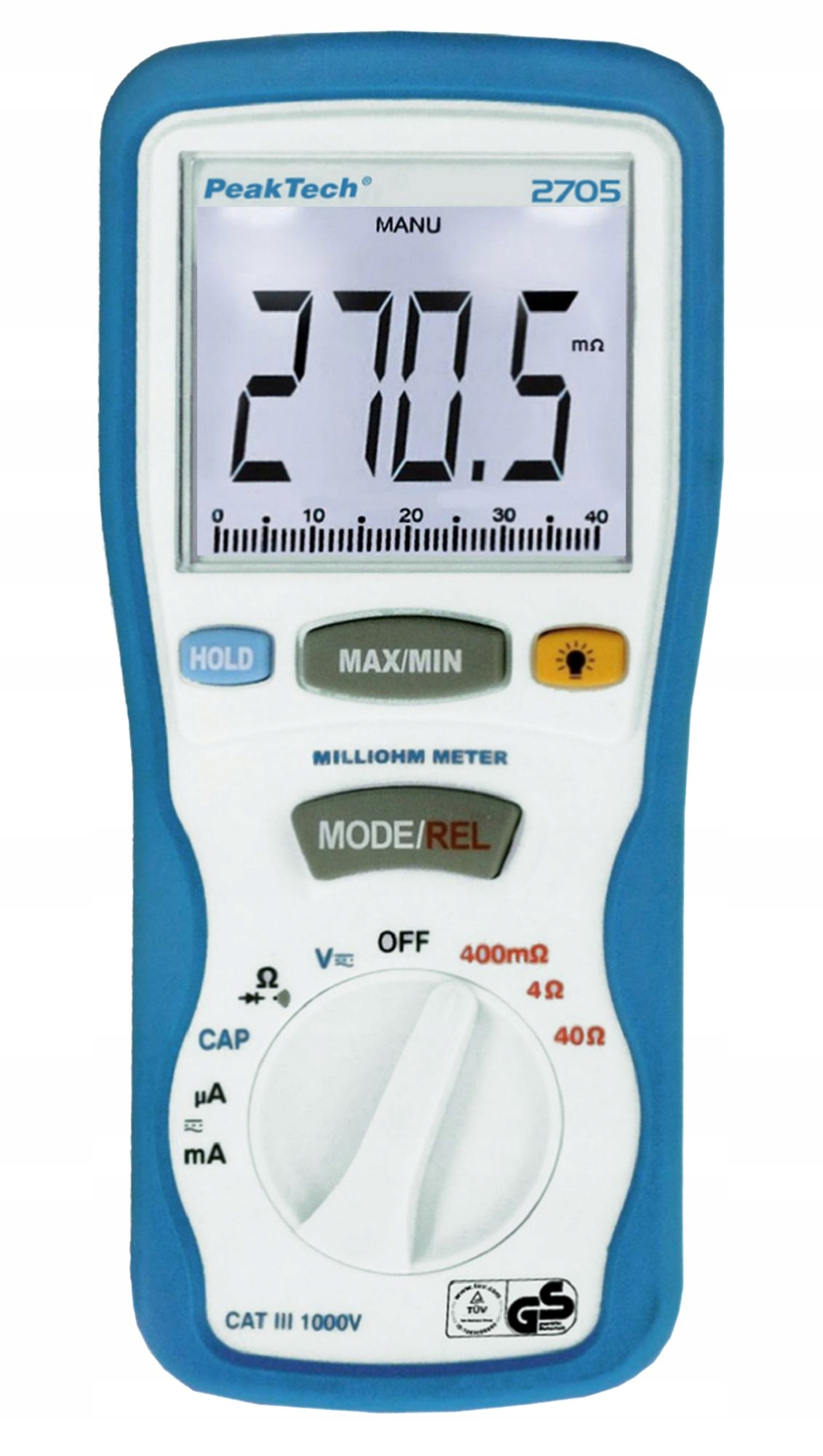 Multimetr Digitální ruční miliomoměr PeakTech 2705 1 mOhm až 40 Ohm
