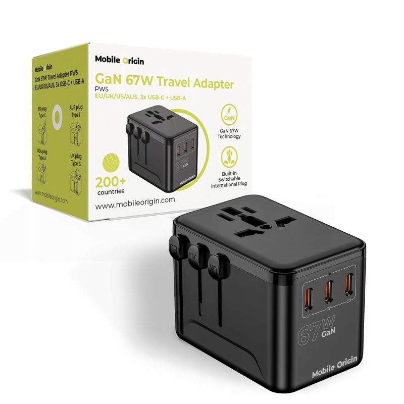 Mobile Origin Gan 67W Travel Adapter Pro Magsafe 3x Usb-c Usb-a