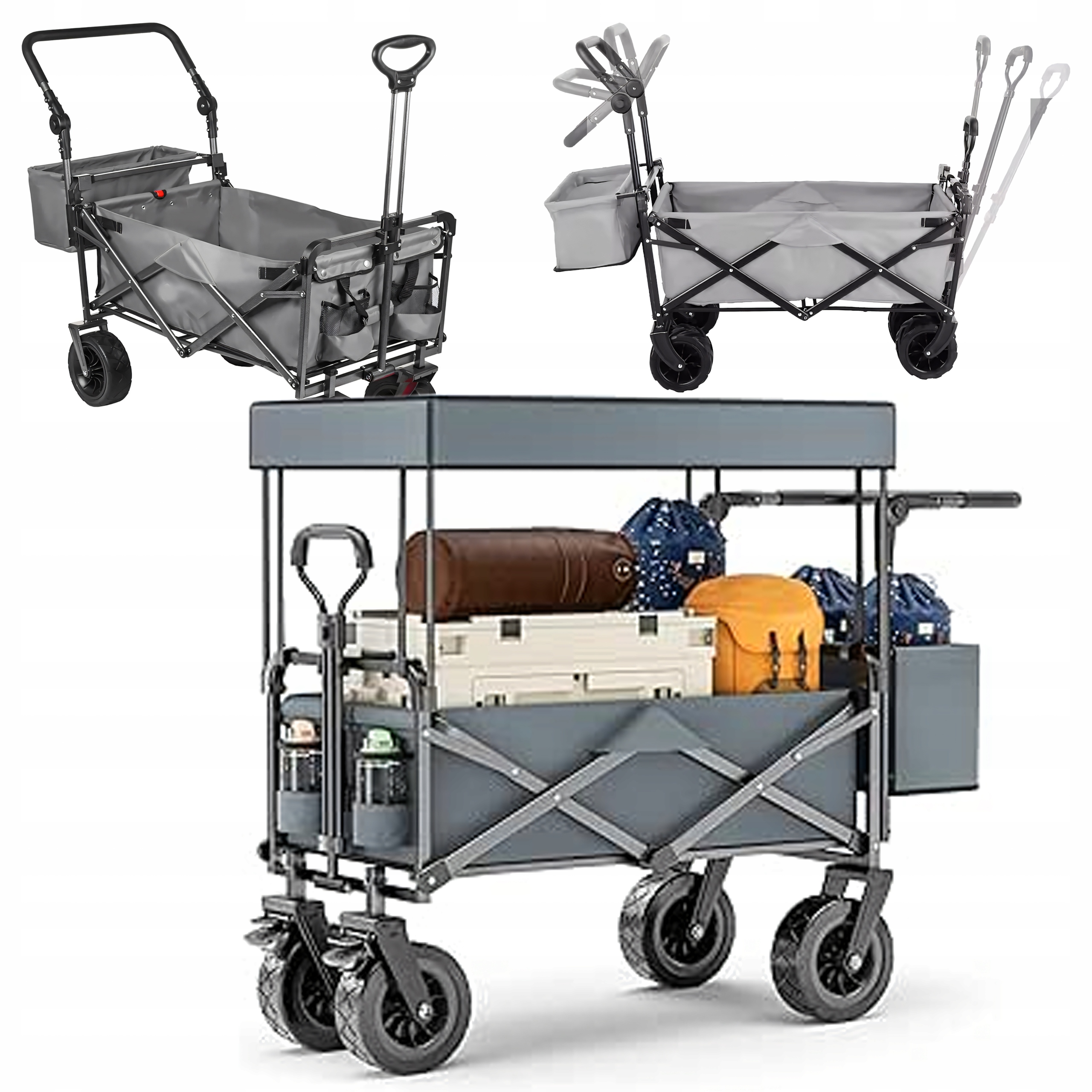 Duży Składany Wózek Ogrodowy PlażowyTransportowy na Ryby z Dachem Koła XL