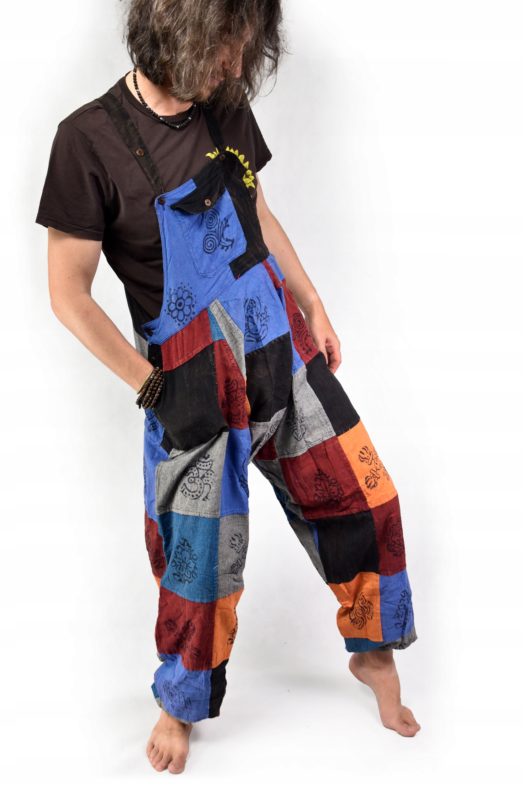 SPODNIE Ogrodniczki kolor NEPAL patchwork SZEROKIE Długość nogawki długa