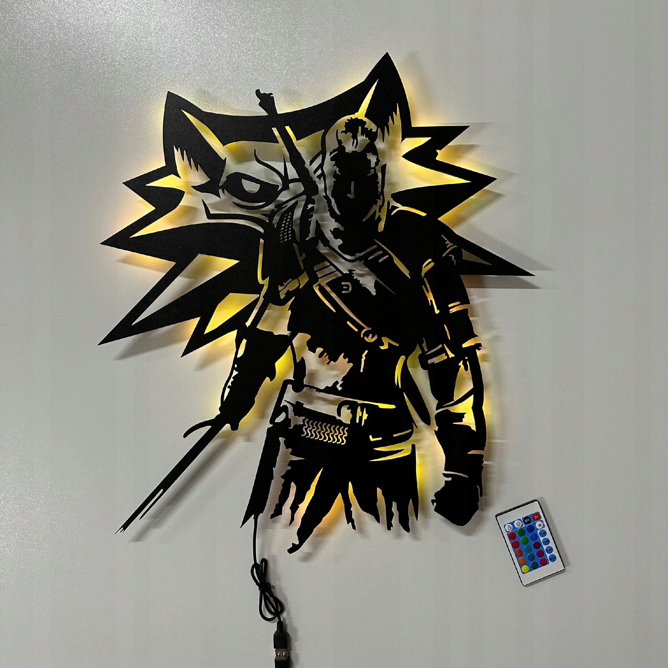 Geralt Zaklínač Dřevěný obraz Nástěnná Dekorace Dárek Noční Lampa Led